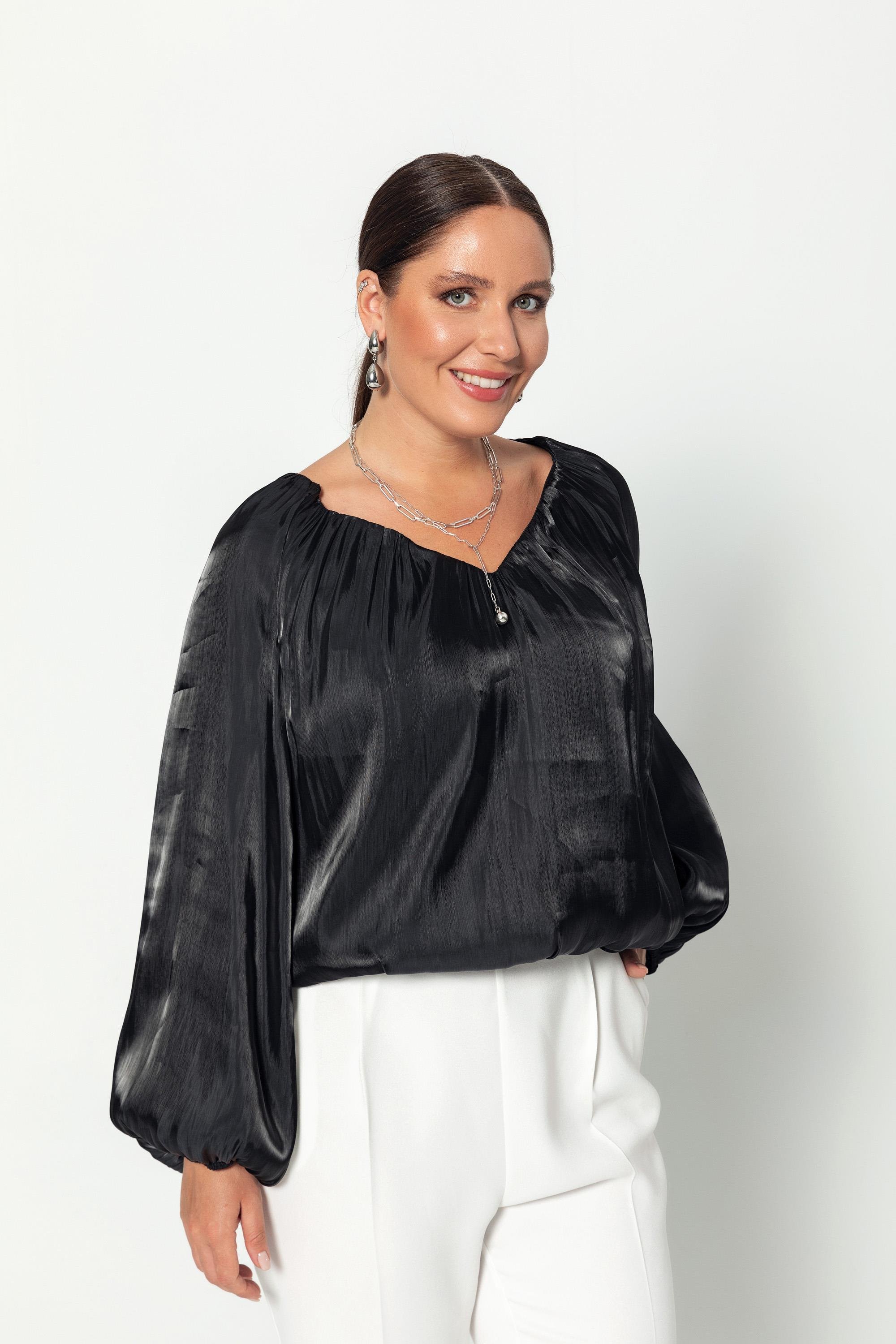 V Yaka  Uzun Kollu Balon Bluz Siyah