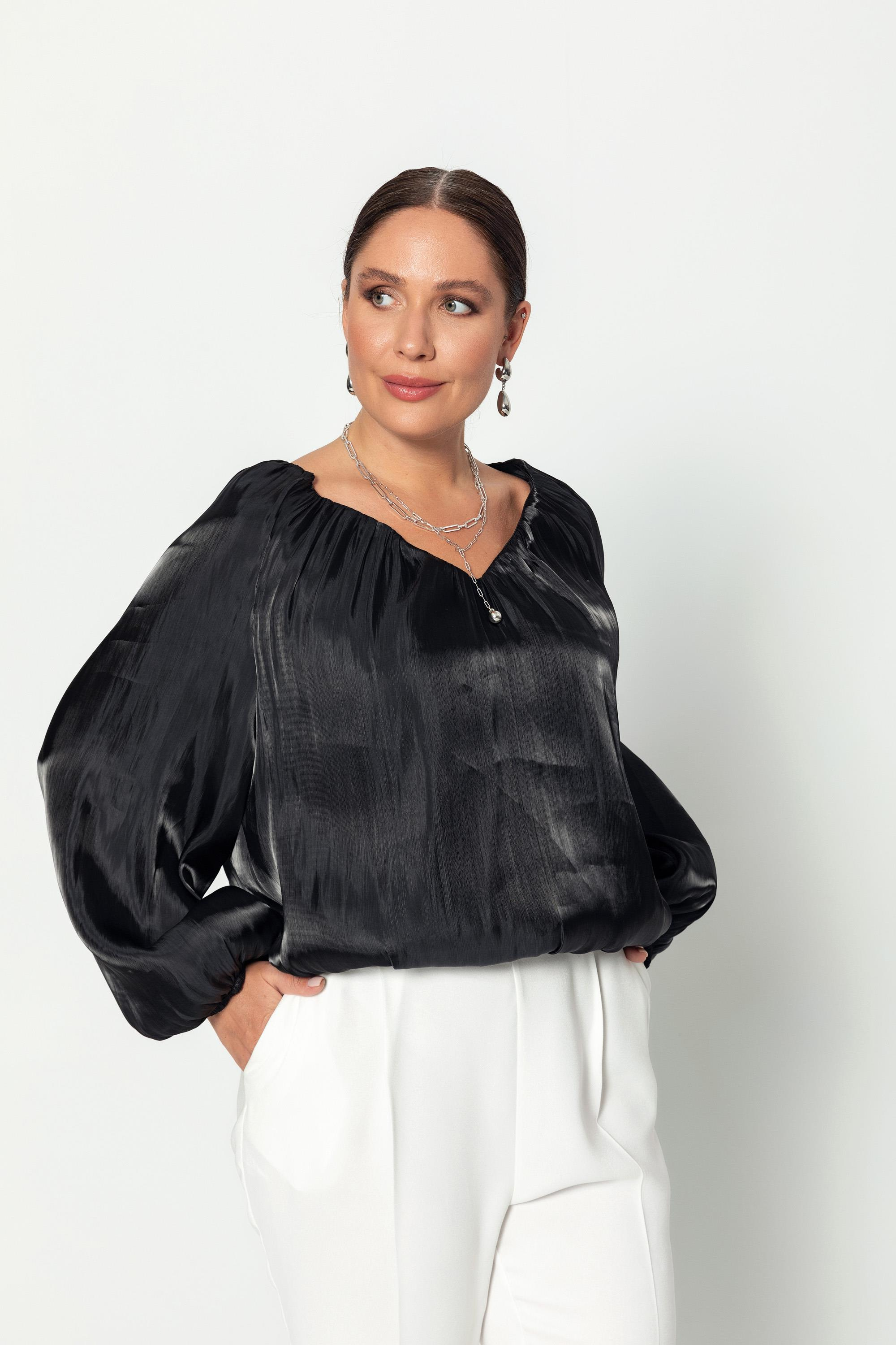 V Yaka  Uzun Kollu Balon Bluz Siyah