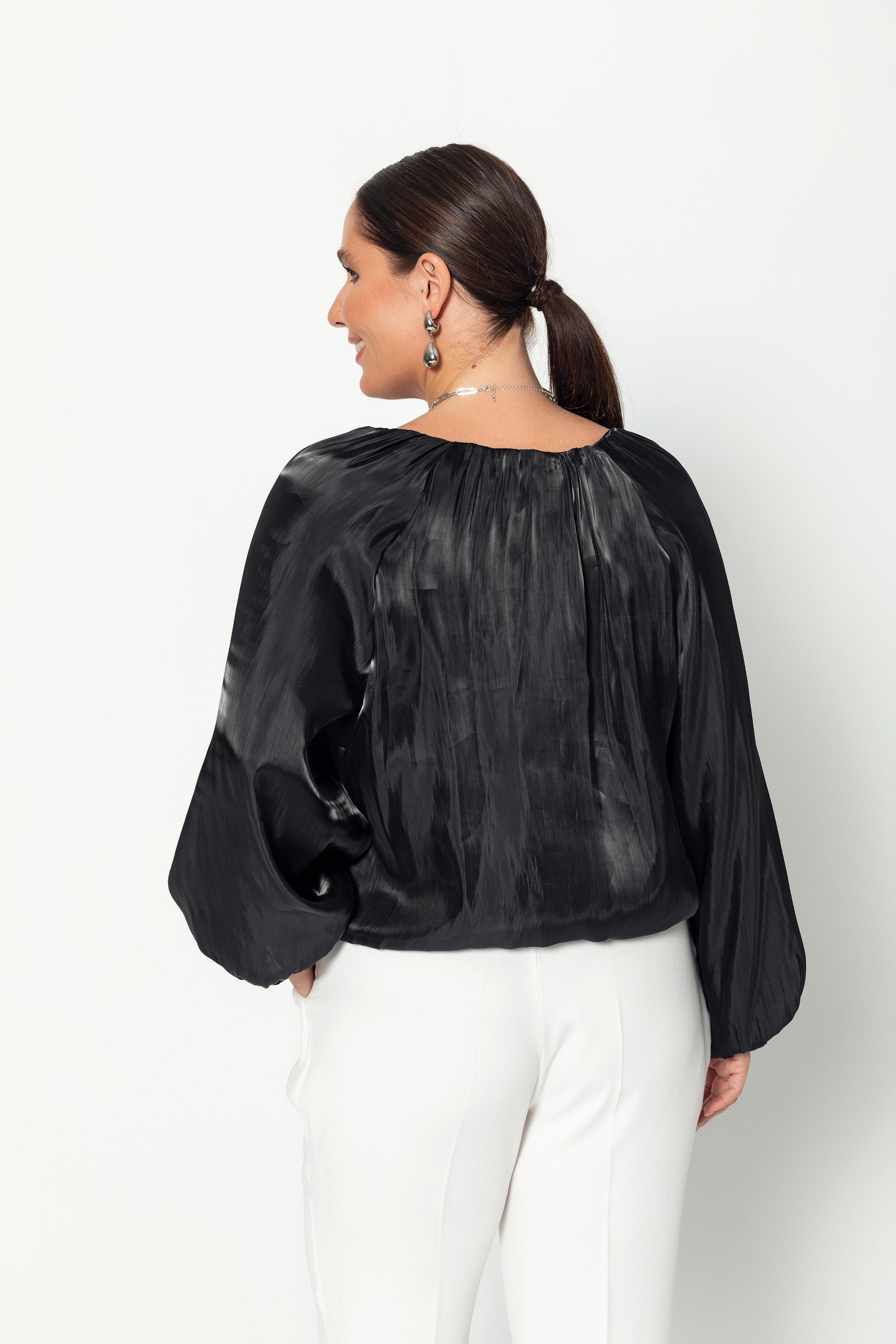 V Yaka  Uzun Kollu Balon Bluz Siyah