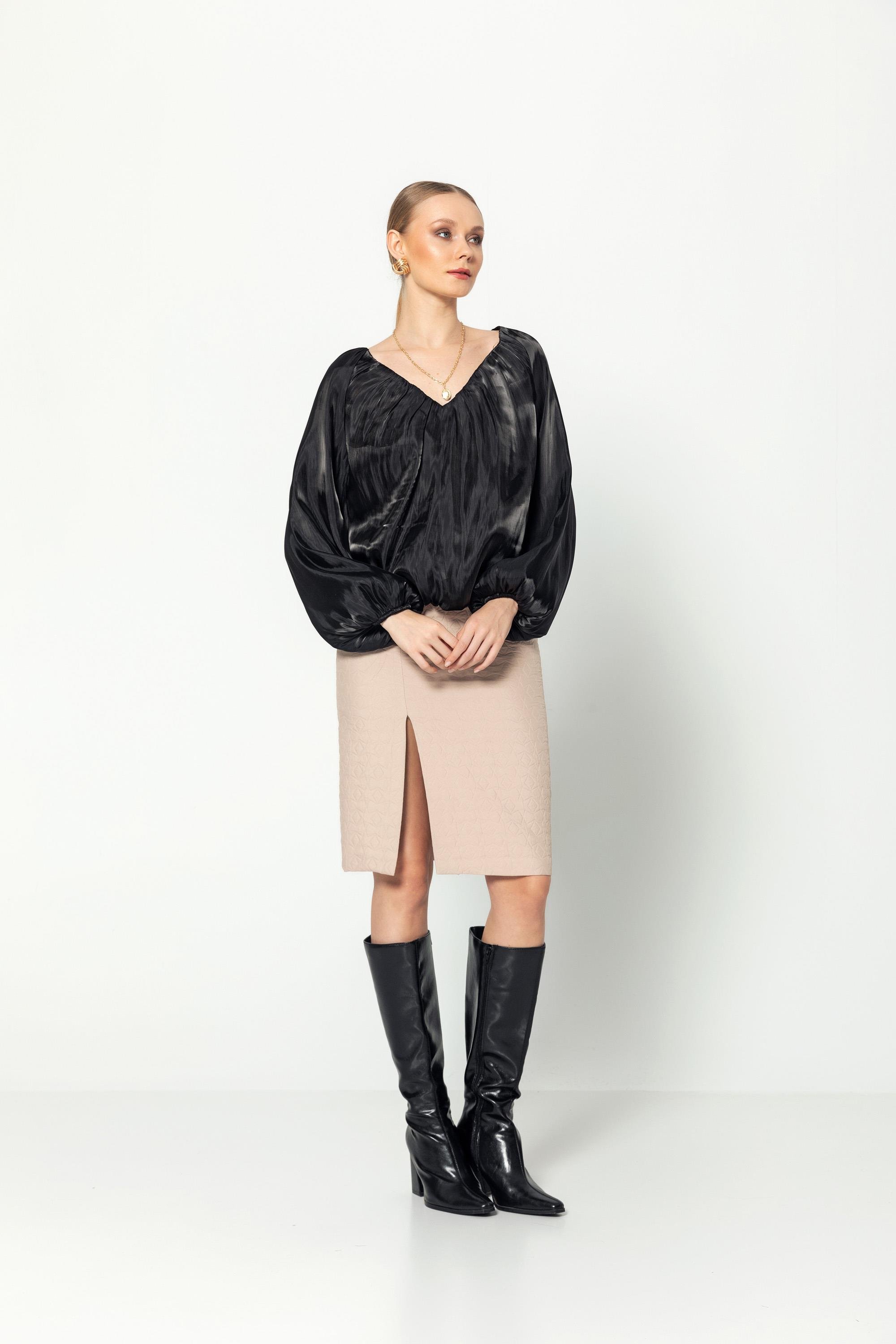 V Yaka  Uzun Kollu Balon Bluz Siyah