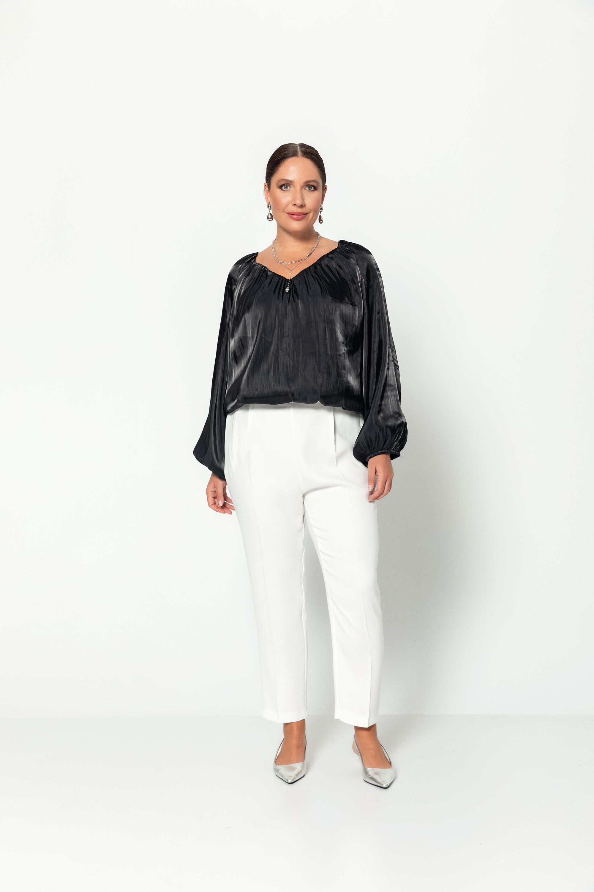 V Yaka  Uzun Kollu Balon Bluz Siyah