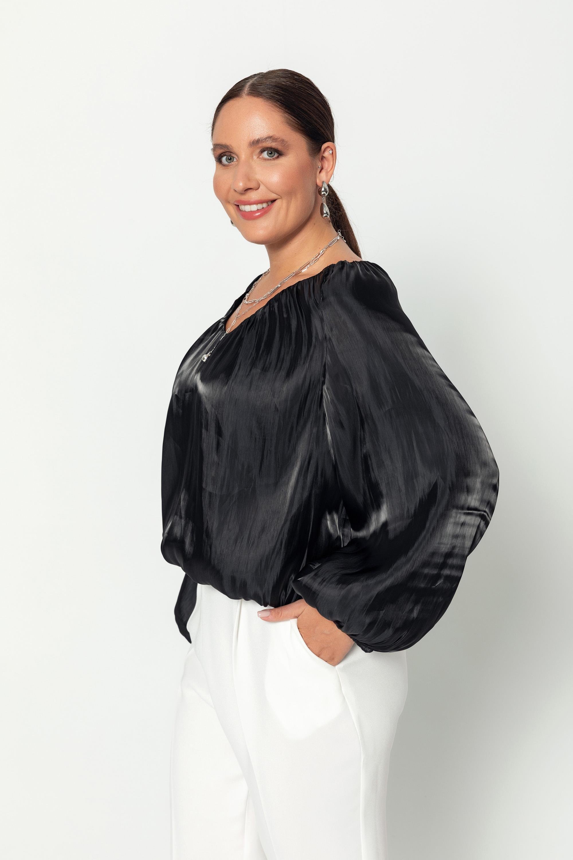 V Yaka  Uzun Kollu Balon Bluz Siyah