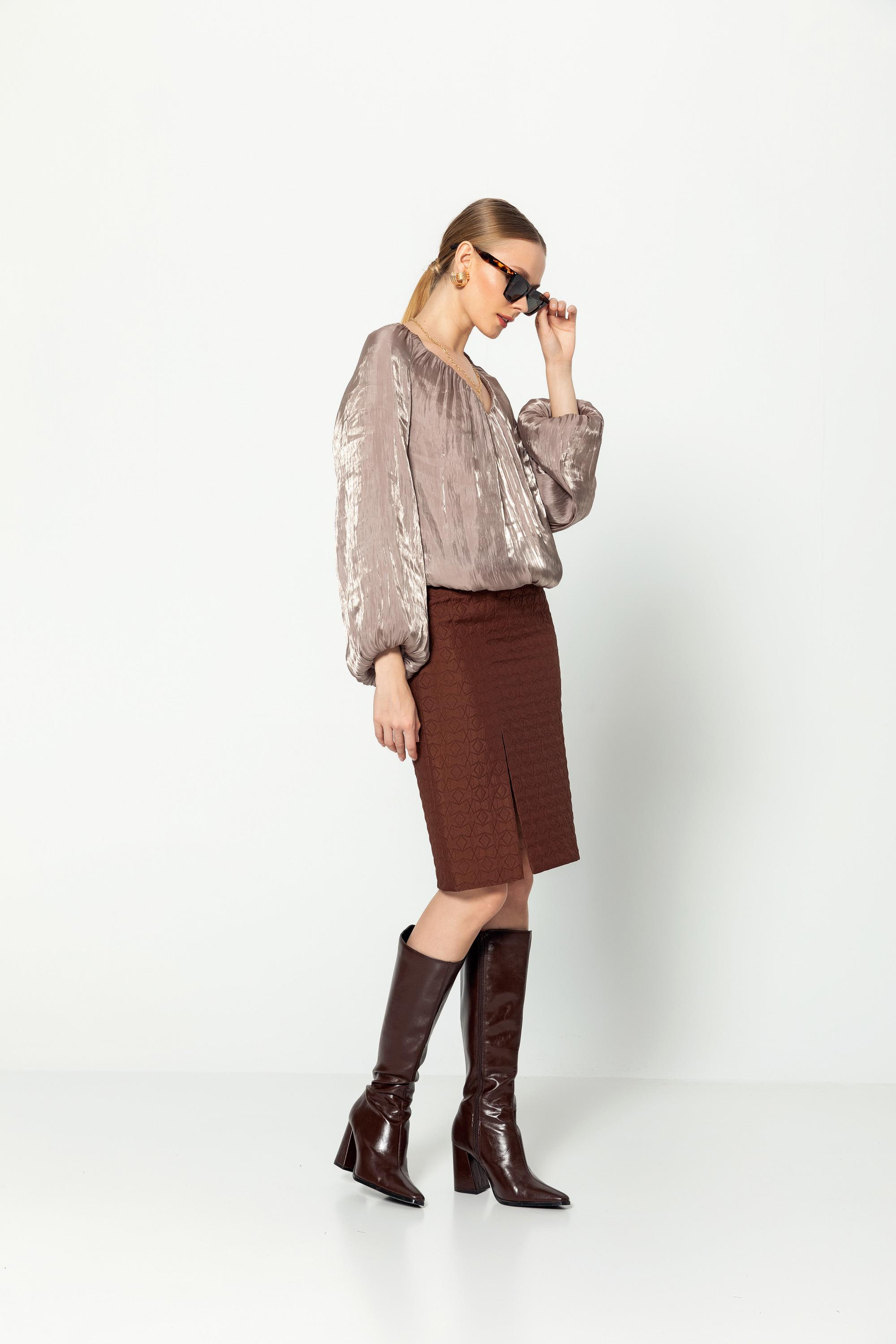 V Yaka  Uzun Kollu Balon Bluz Vizon