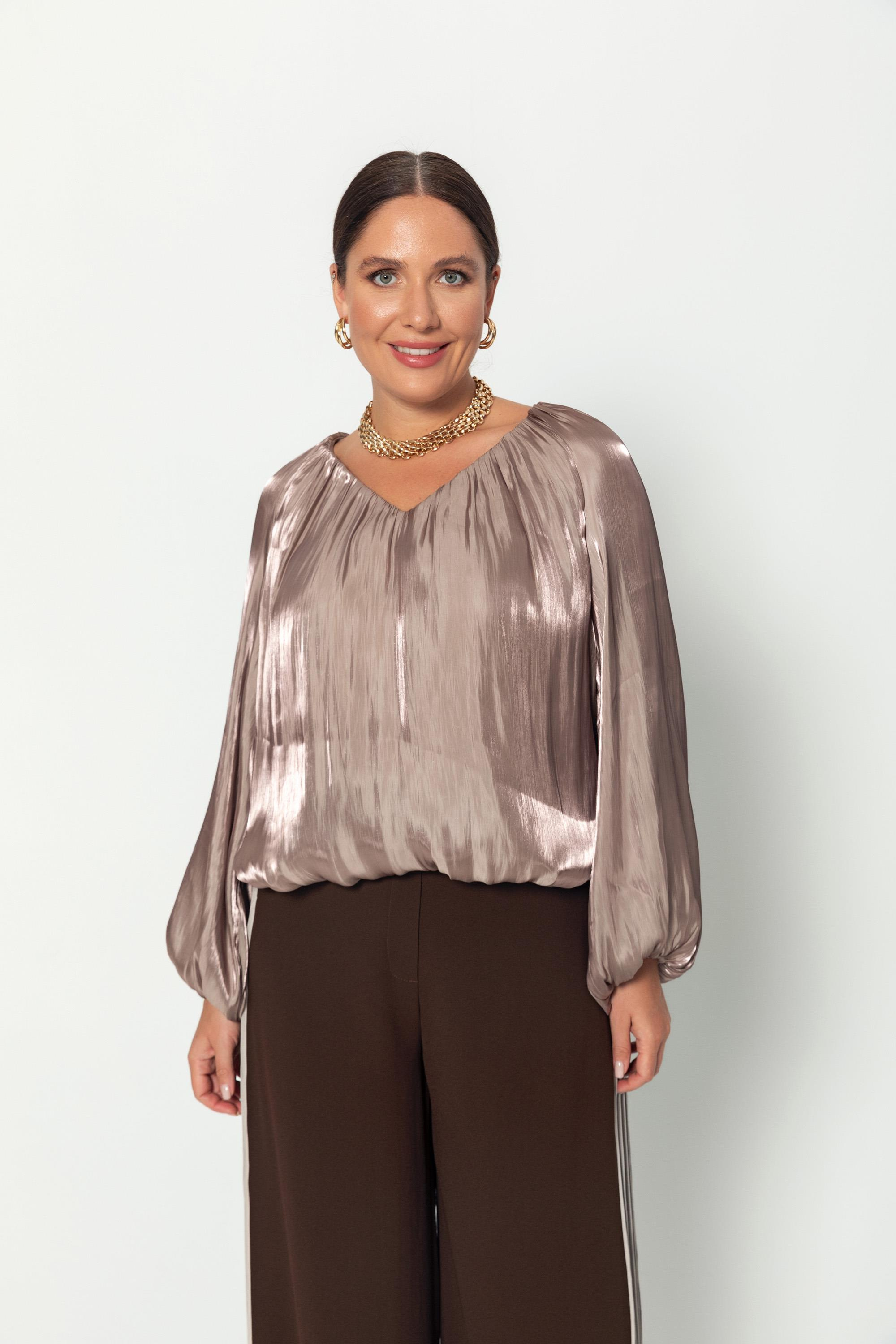 V Yaka  Uzun Kollu Balon Bluz Vizon