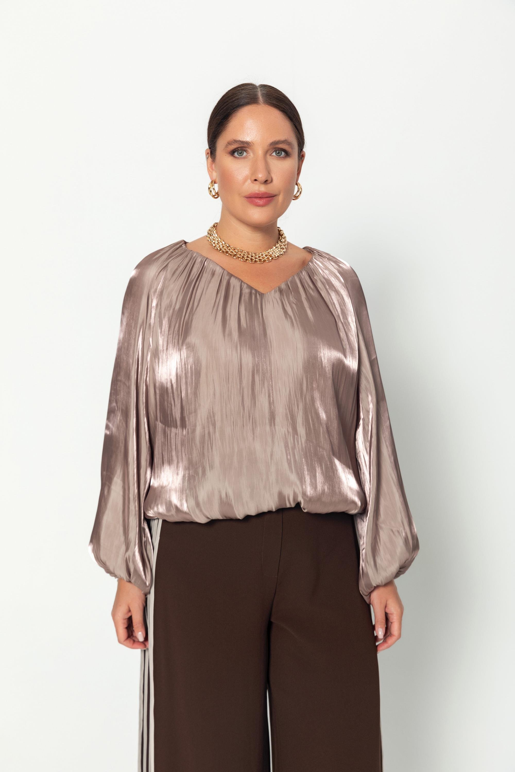 V Yaka  Uzun Kollu Balon Bluz Vizon