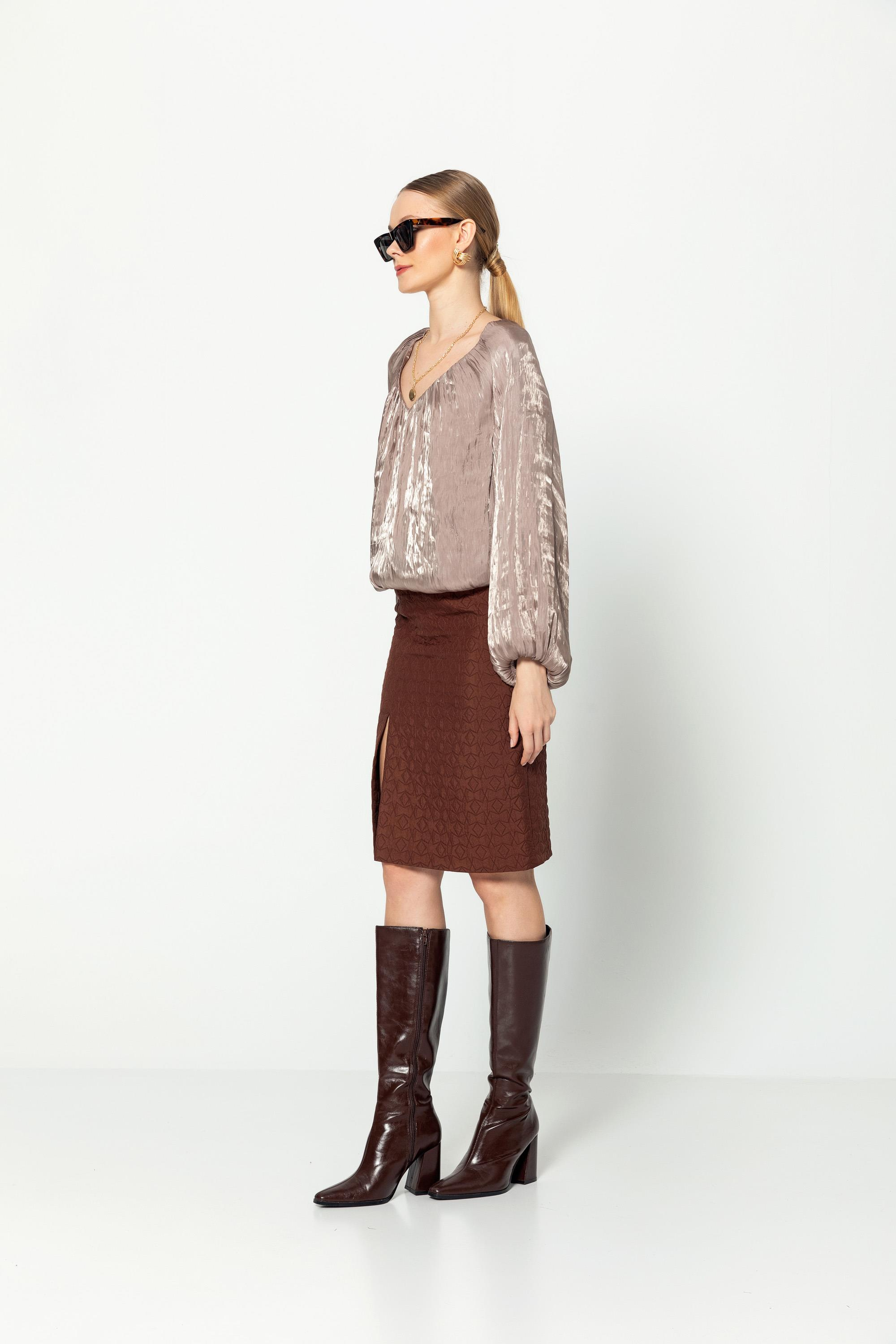 V Yaka  Uzun Kollu Balon Bluz Vizon