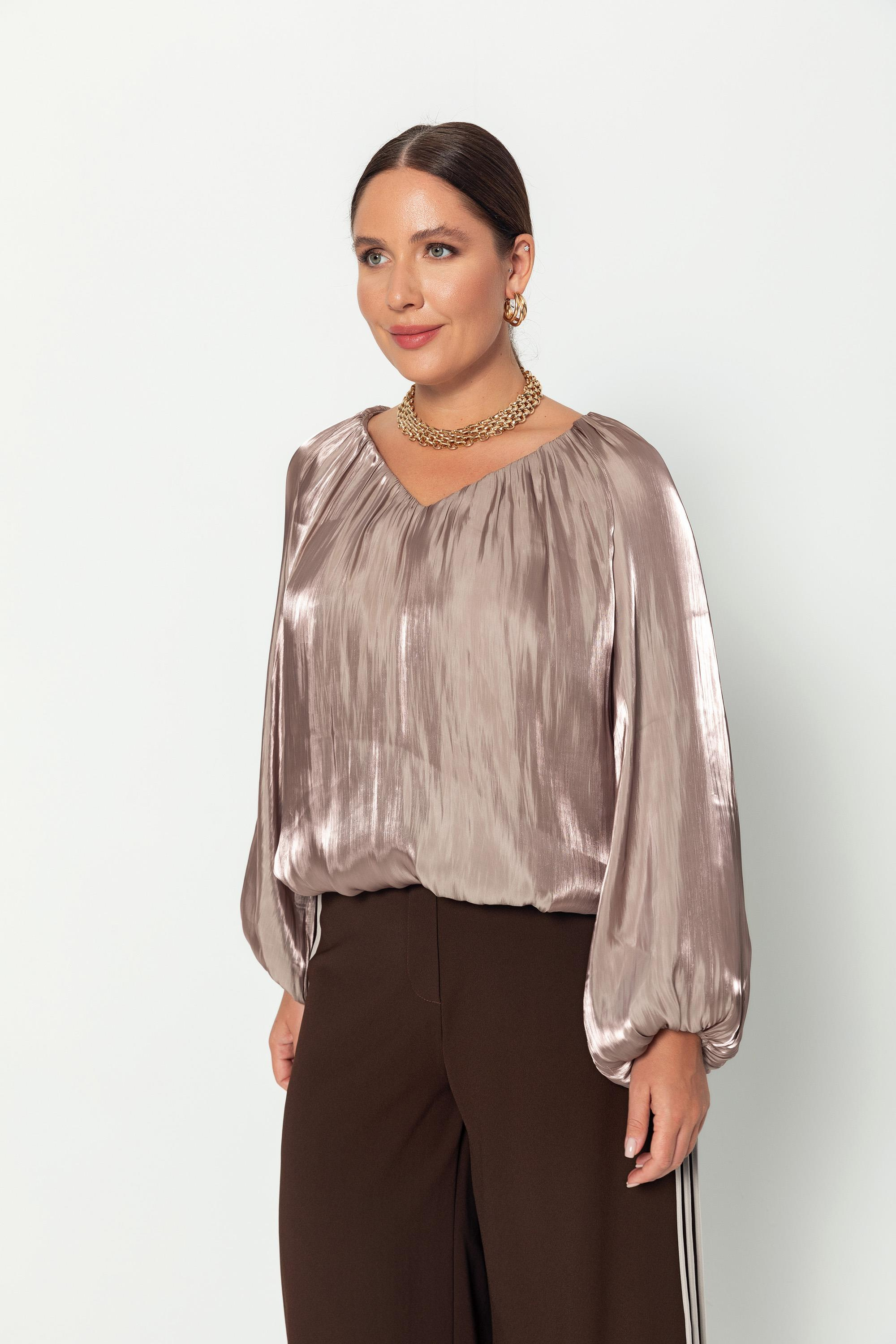 V Yaka  Uzun Kollu Balon Bluz Vizon