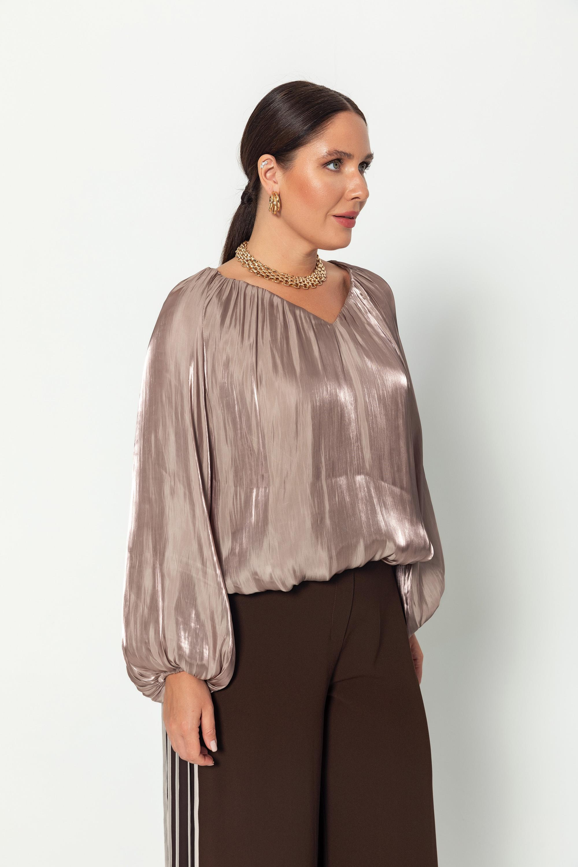 V Yaka  Uzun Kollu Balon Bluz Vizon