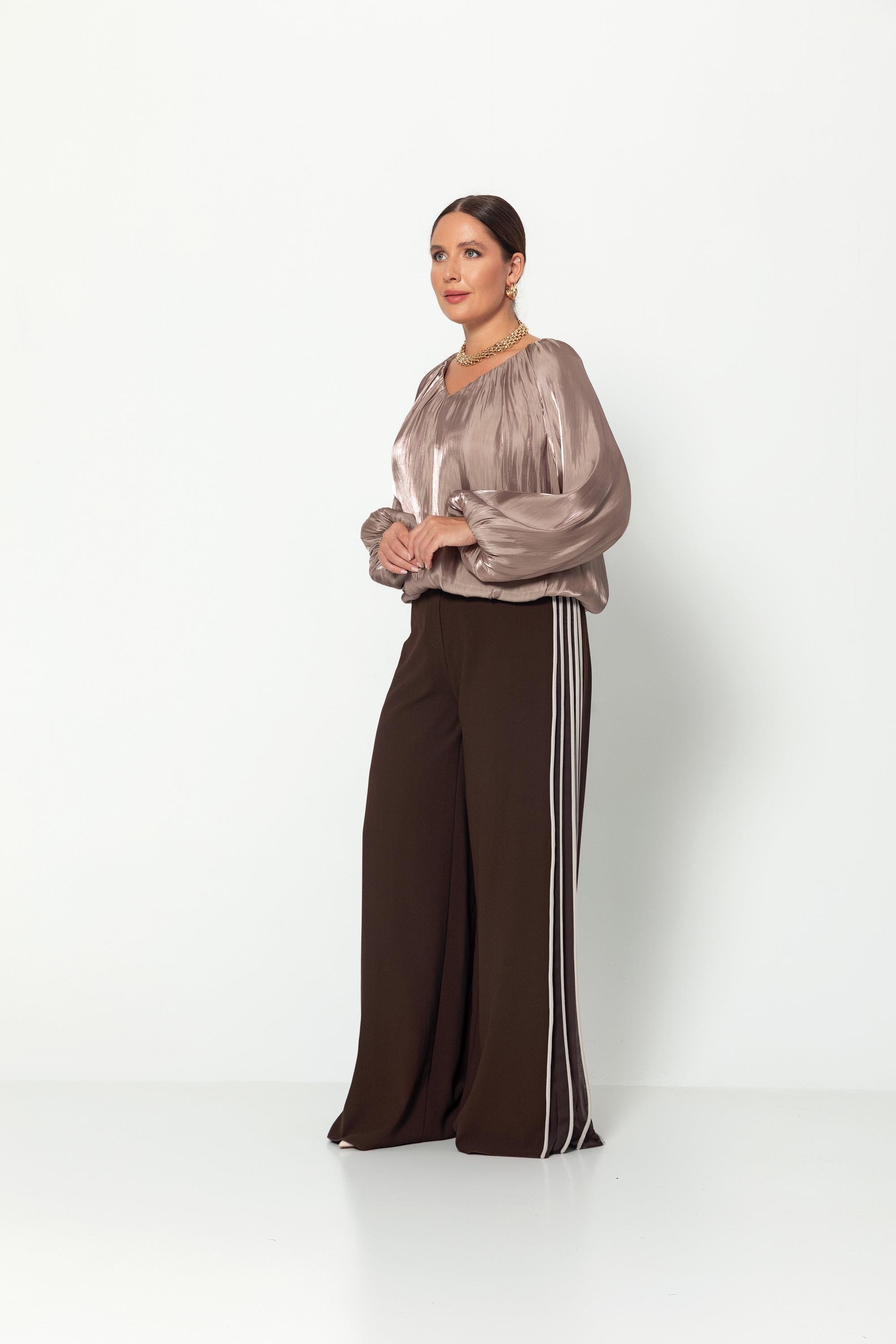 V Yaka  Uzun Kollu Balon Bluz Vizon