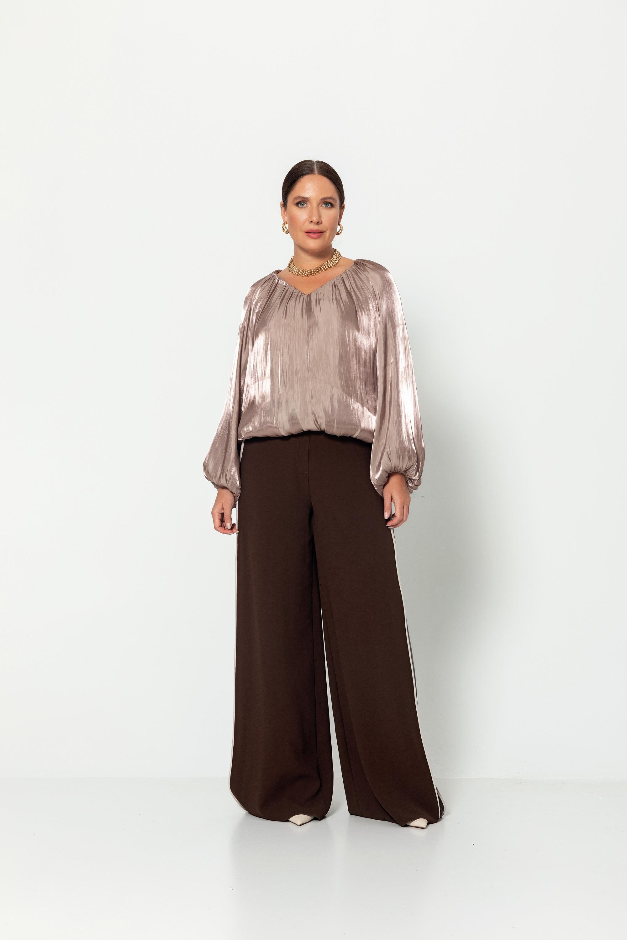 V Yaka  Uzun Kollu Balon Bluz Vizon