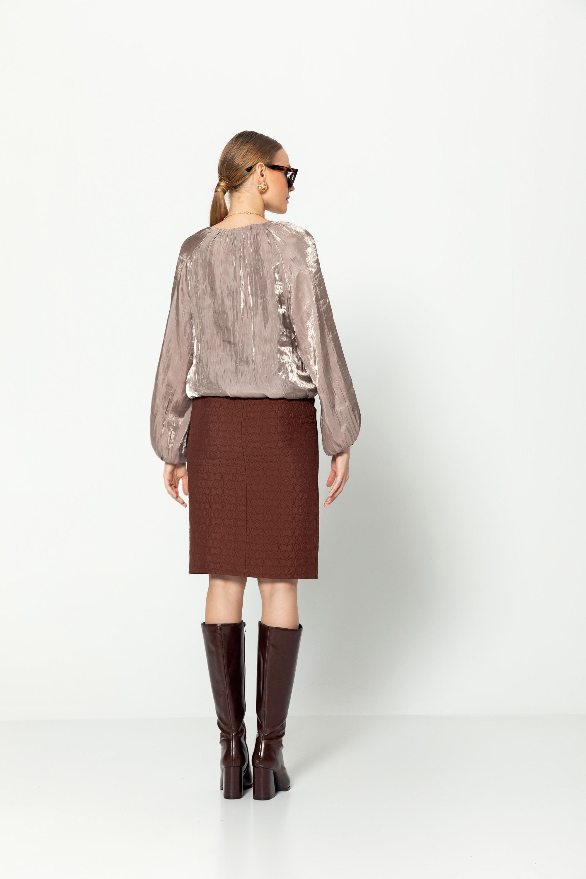 V Yaka  Uzun Kollu Balon Bluz Vizon