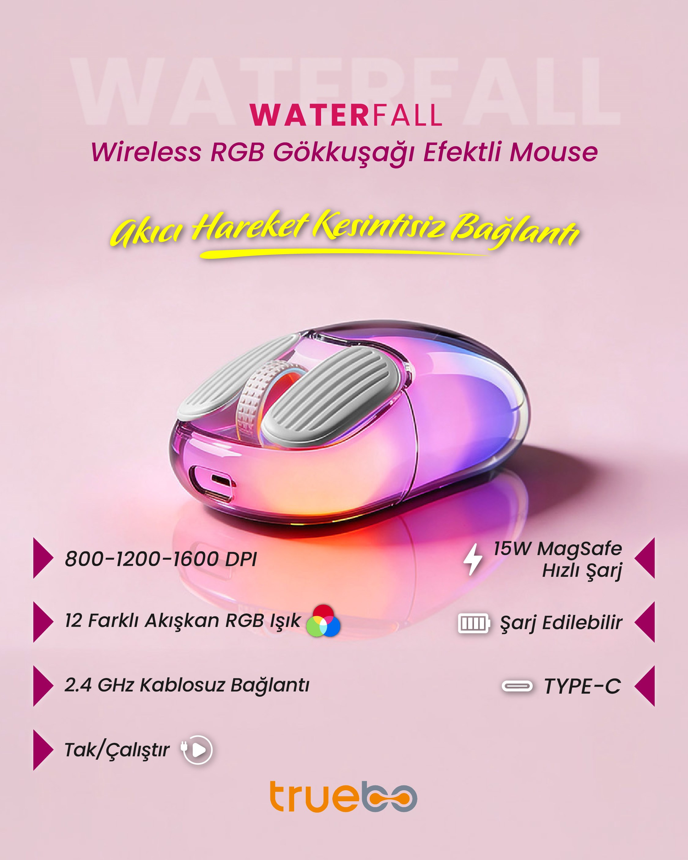  Truebo Waterfall Wireless RGB Gökkuşağı Efektli Mouse 