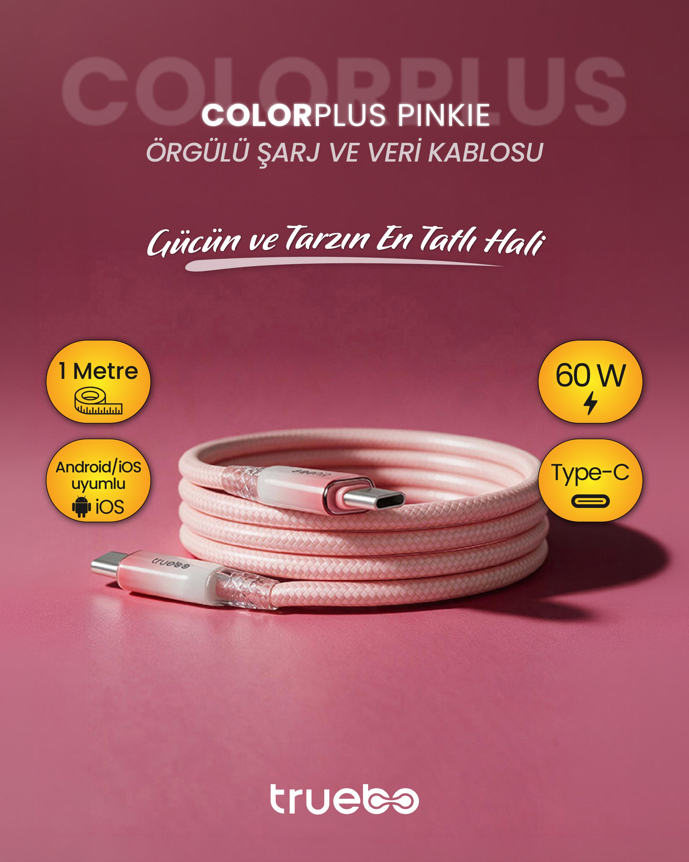 ColorPlus Pinkie Şarj ve Veri Kablosu 60w