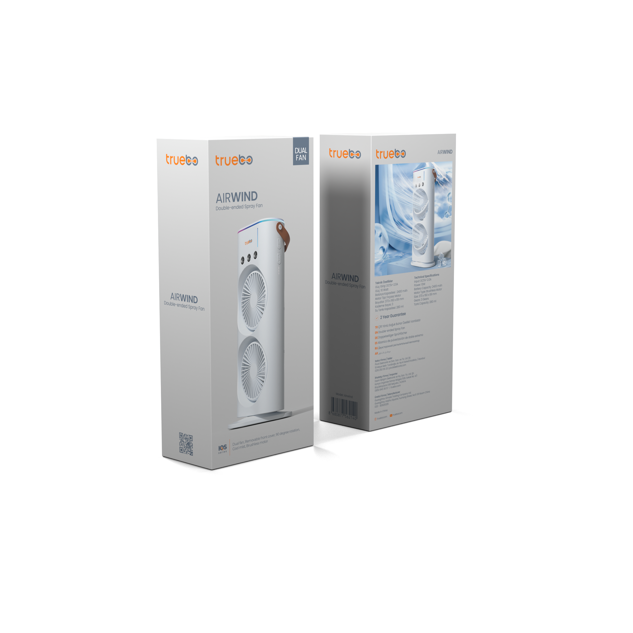 Truebo AirWind - Masaüstü Buhar Püskürtmeli Taşınabilir Şarjlı Led Işık Çift Fanlı Vantilatör