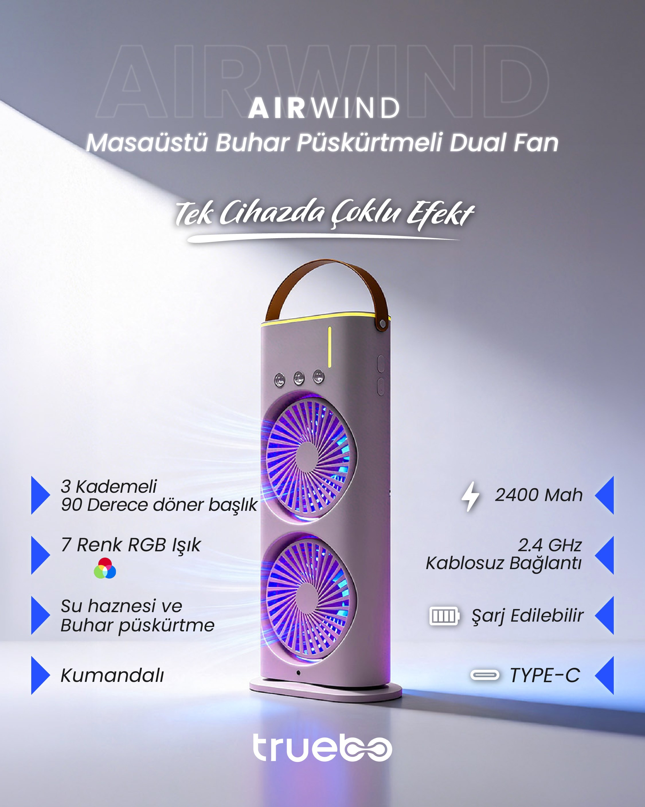 Truebo AirWind - Masaüstü Buhar Püskürtmeli Taşınabilir Şarjlı Led Işık Çift Fanlı Vantilatör