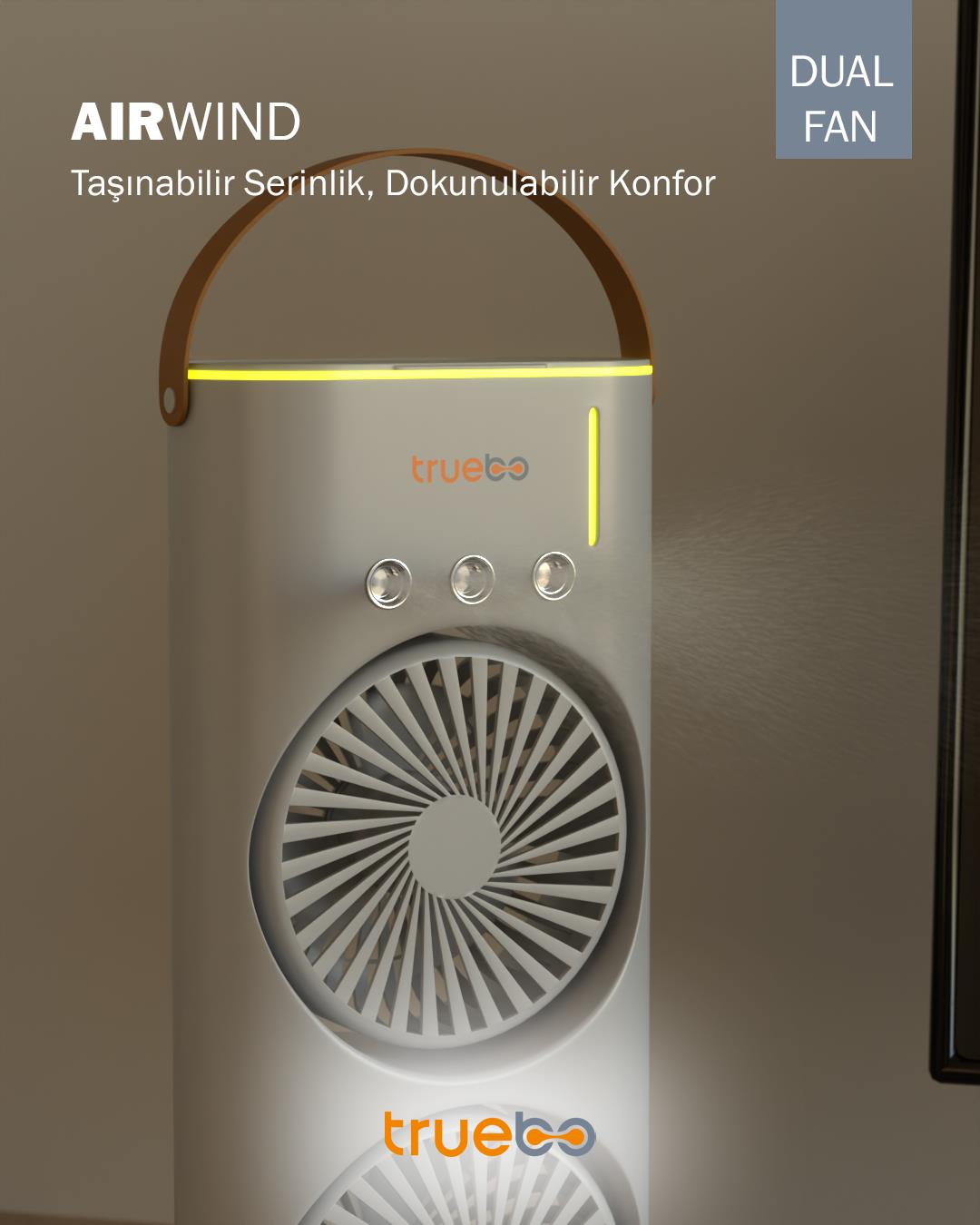 Truebo AirWind - Masaüstü Buhar Püskürtmeli Taşınabilir Şarjlı Led Işık Çift Fanlı Vantilatör