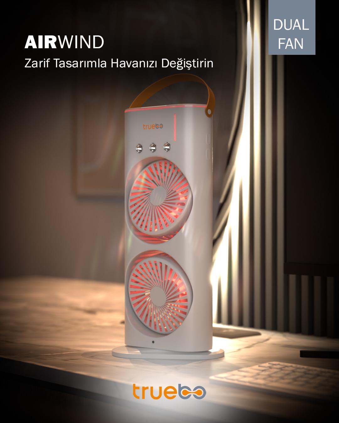 Truebo AirWind - Masaüstü Buhar Püskürtmeli Taşınabilir Şarjlı Led Işık Çift Fanlı Vantilatör