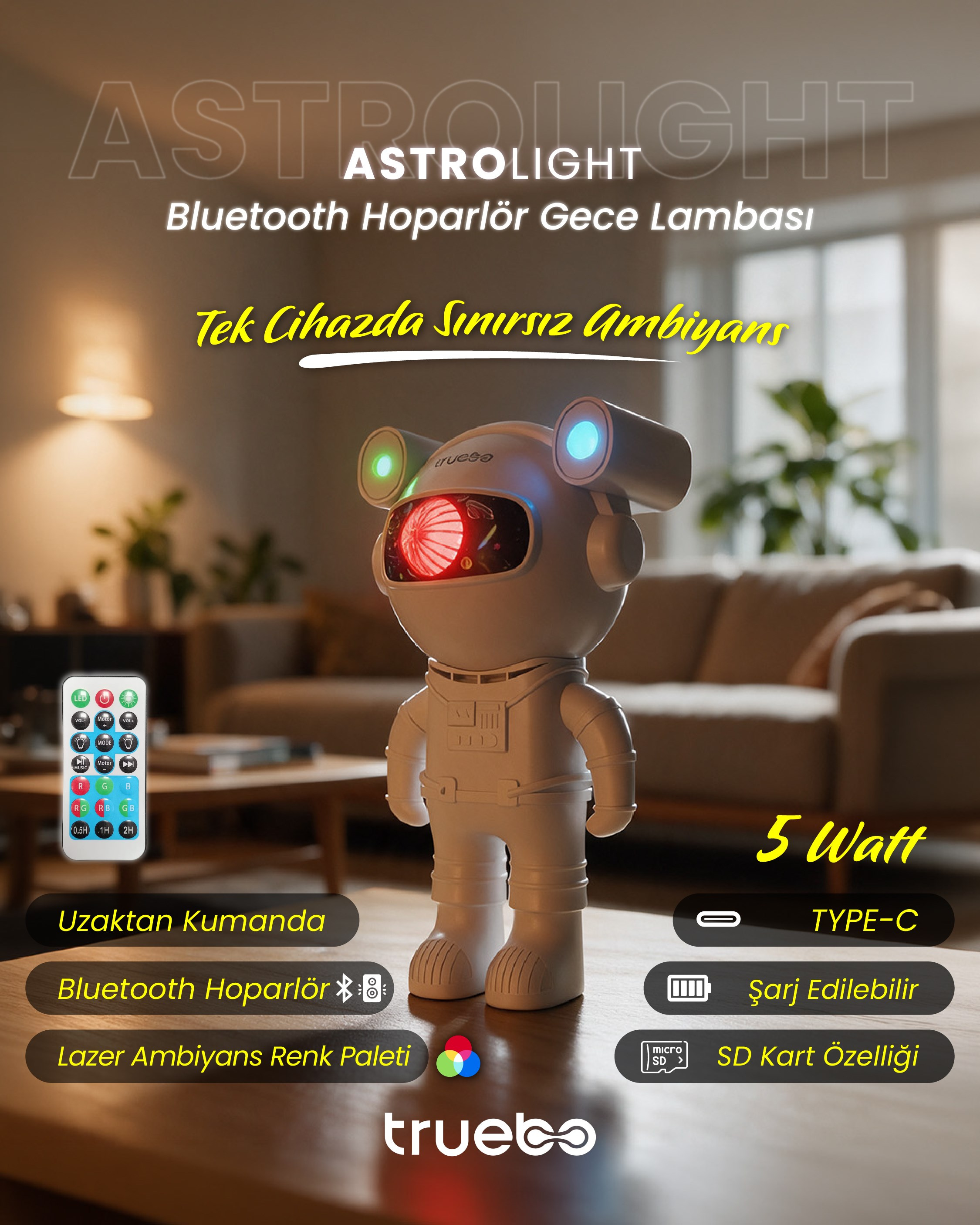 Truebo AstroLight Bluetooth Hoparlör Gece Lambası