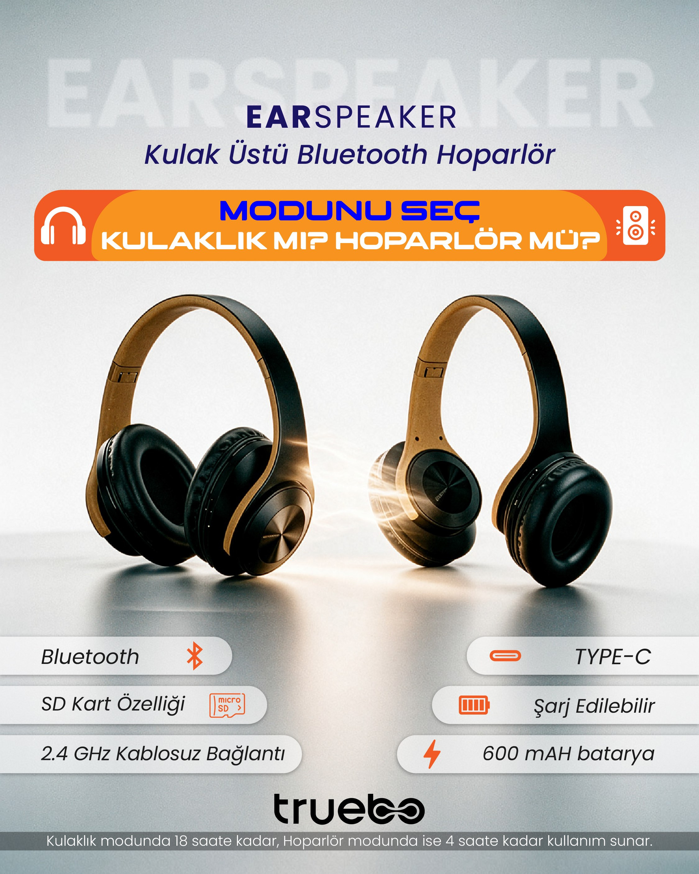 Truebo EarSpeaker Hoparlöre Dönüşebilen Kulak Üstü Bluetooth  Kulaklık 