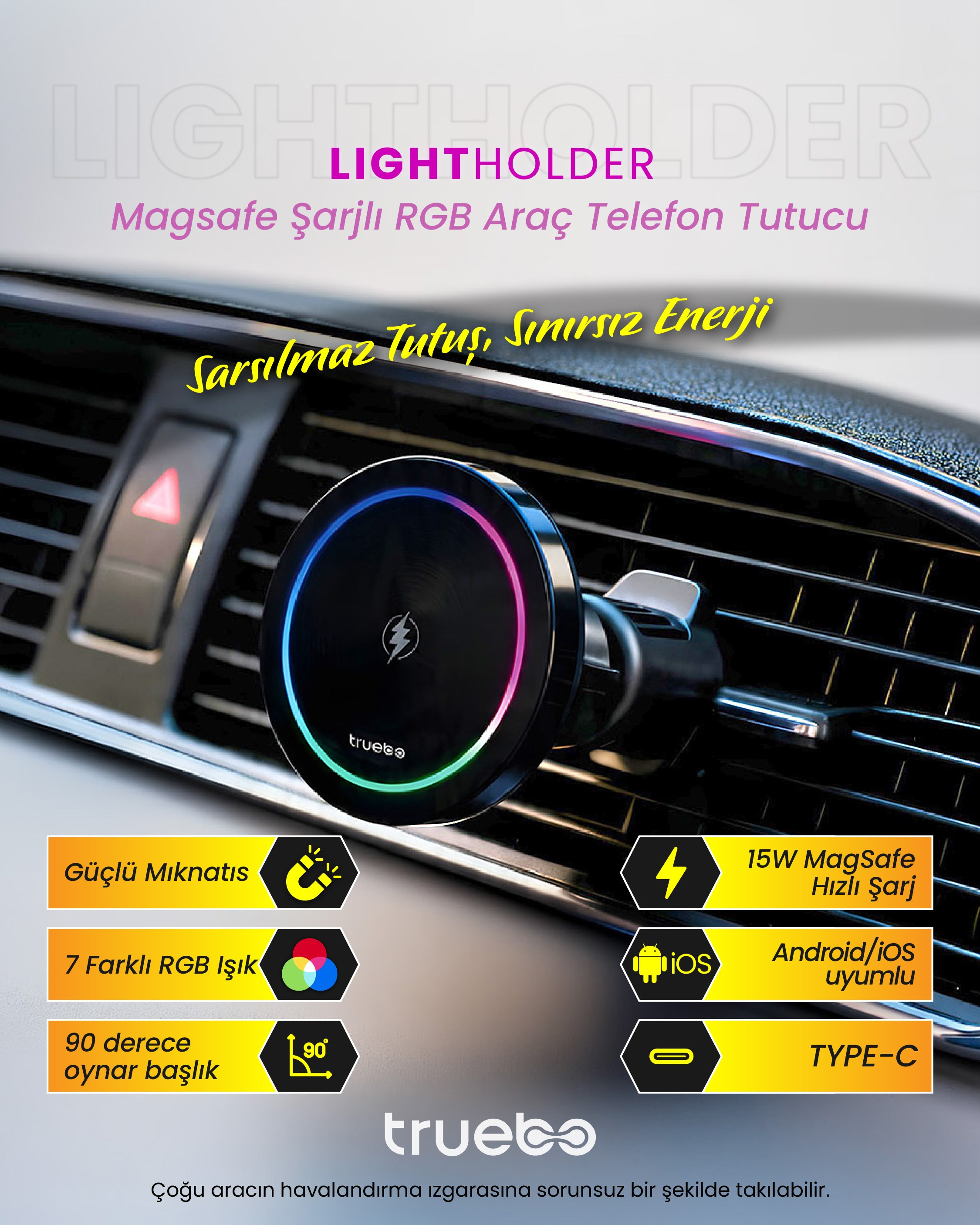 Truebo LightHolder Magsafe Şarjlı RGB Araç Telefon Tutucu