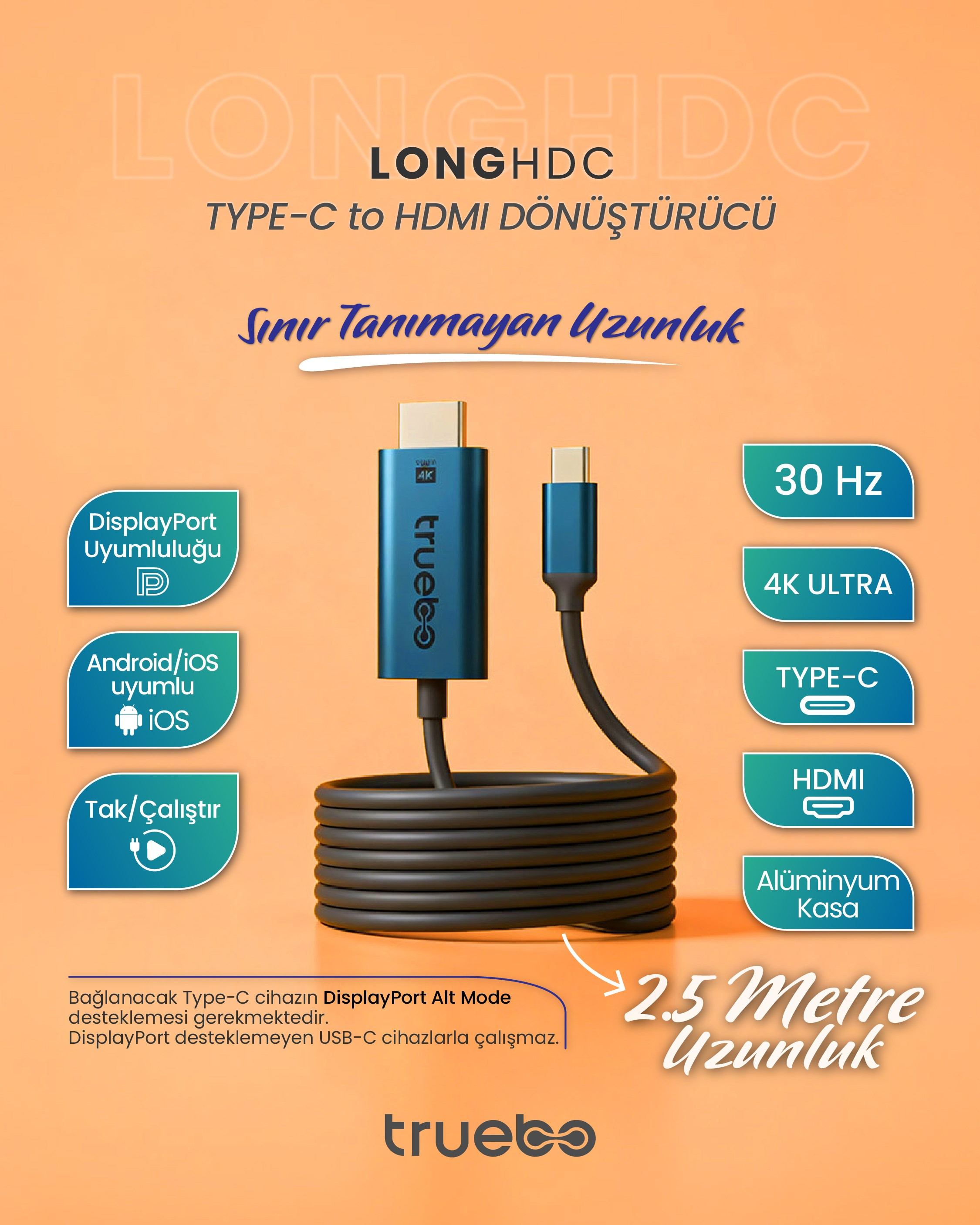 Truebo LongHDC USB-C to HDMI Dönüştürücü 
