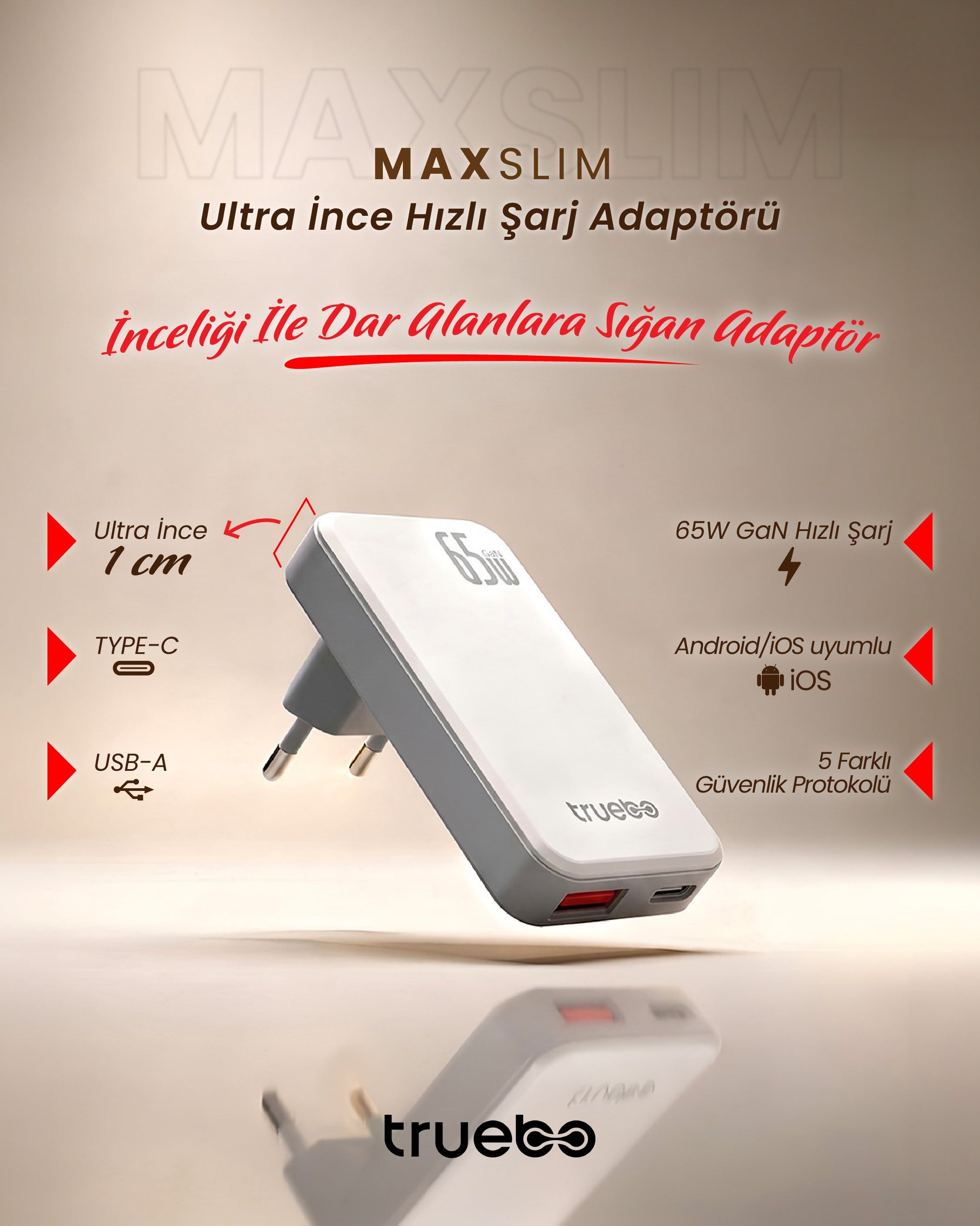 Truebo MaxSlim 65W GaN Şarj Aleti