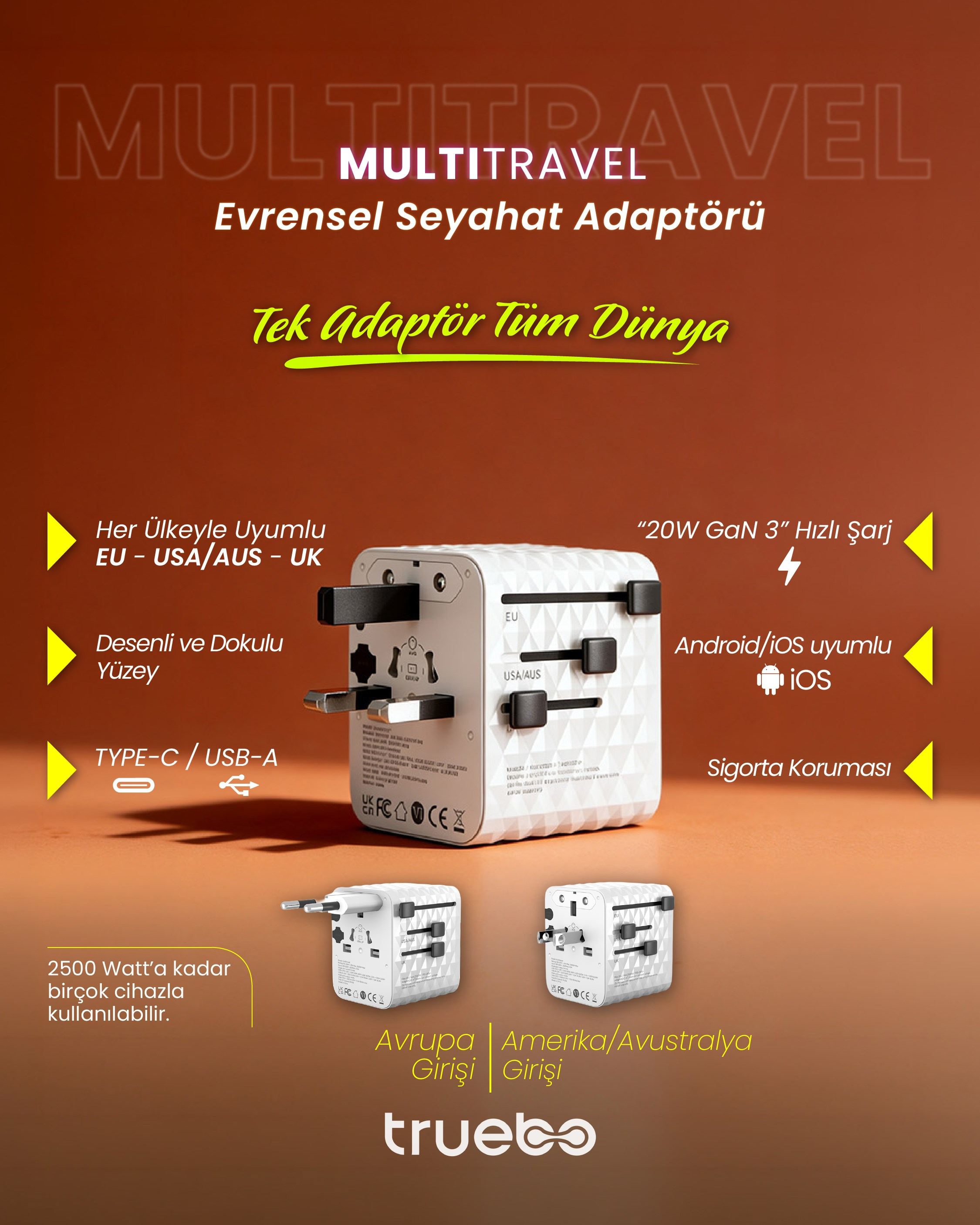 Truebo MultiTravel Travel Adapter & Charger – Evrensel Seyahat Adaptörü