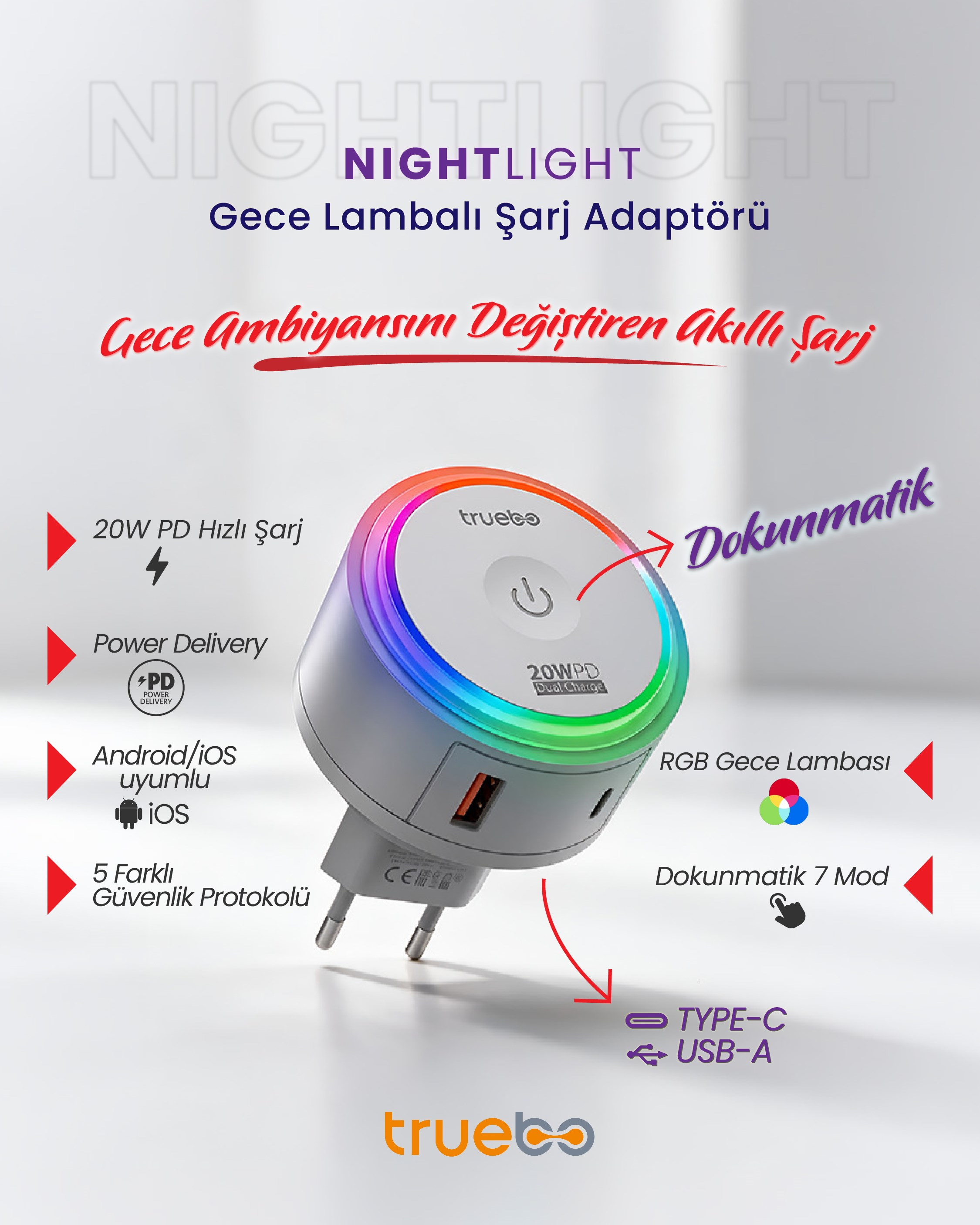 Truebo NightLight USB TypeC RGB Gece Lambası Adaptör