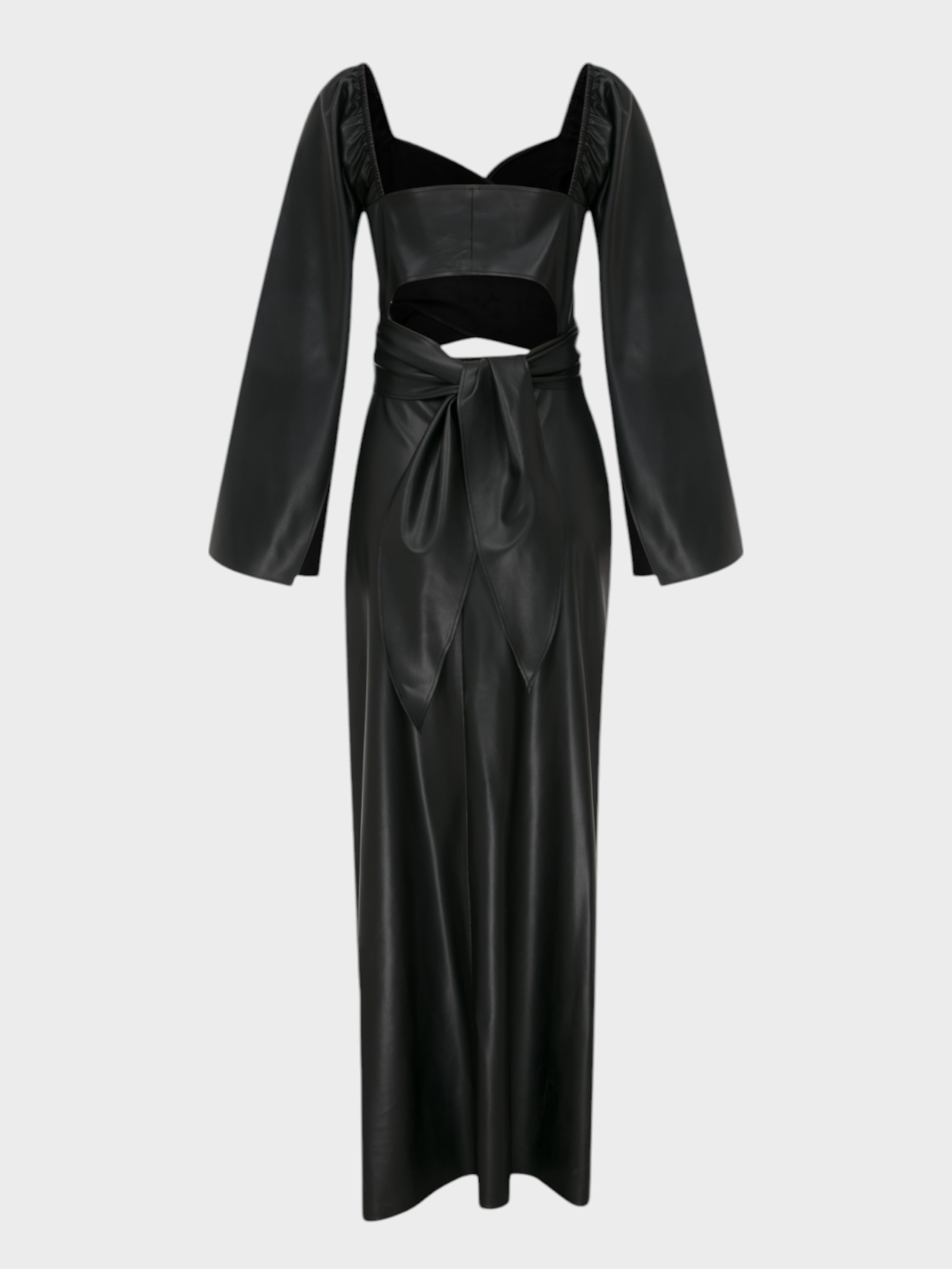 2 Parçalı Önü Bağlamalı Dekolteli Uzun Vegan Deri Elbise - Siyah Vegan Deri Elbise Modelleri