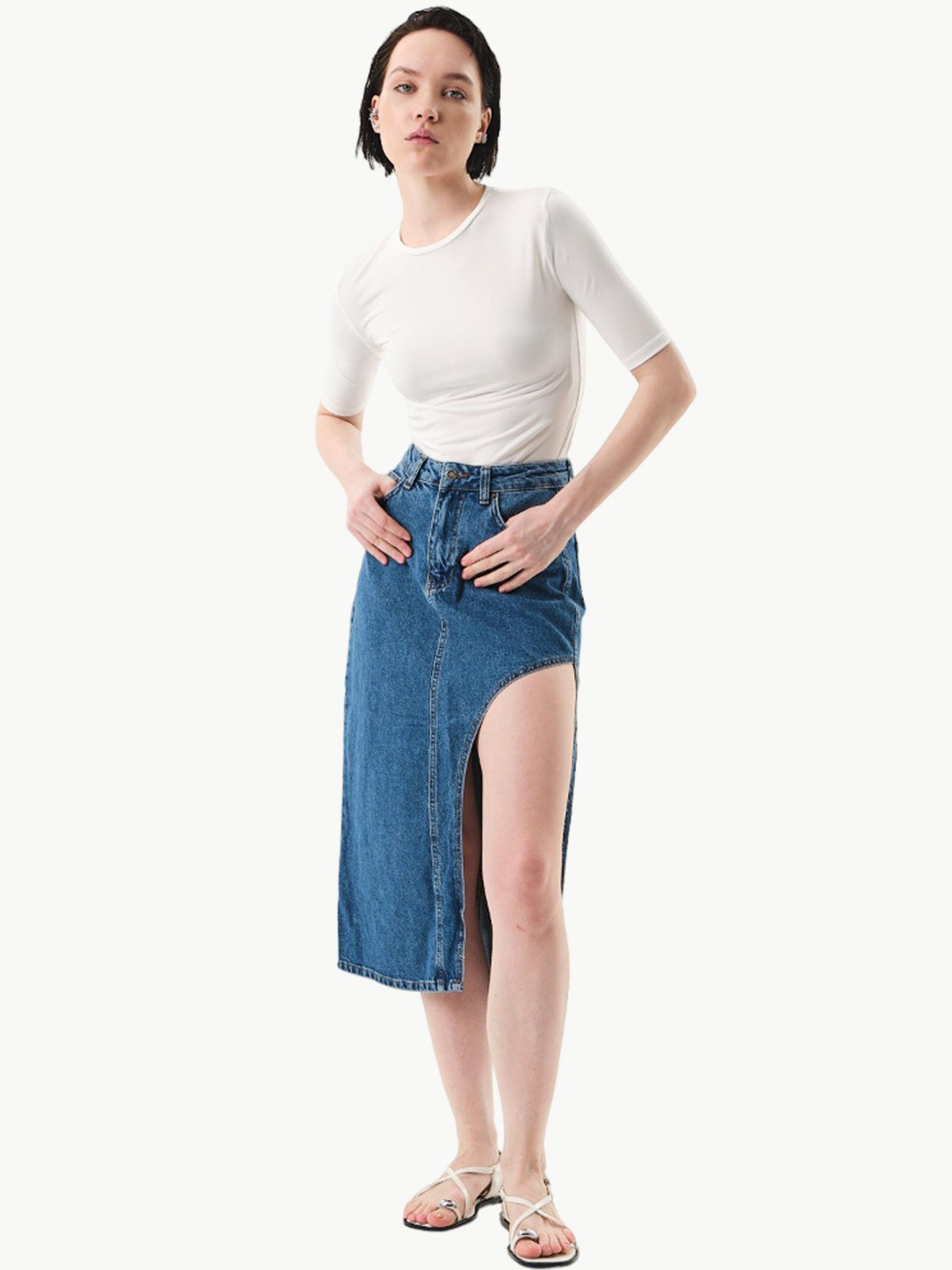 2626-1W3 YANDAN DERİN YIRTMAÇLI DENİM ETEK Kategorisiz Modelleri