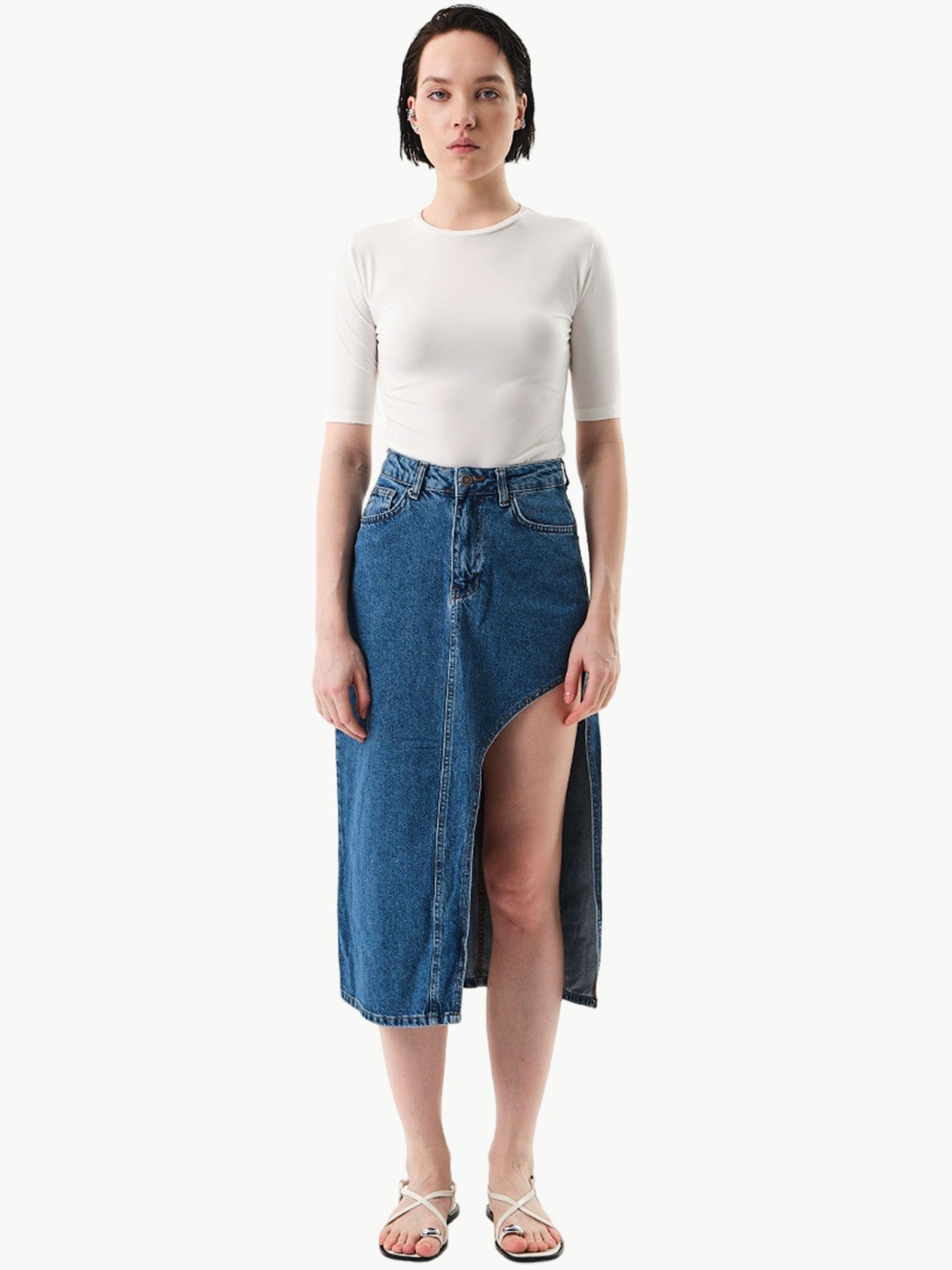 2626-1W3 YANDAN DERİN YIRTMAÇLI DENİM ETEK Kategorisiz Modelleri