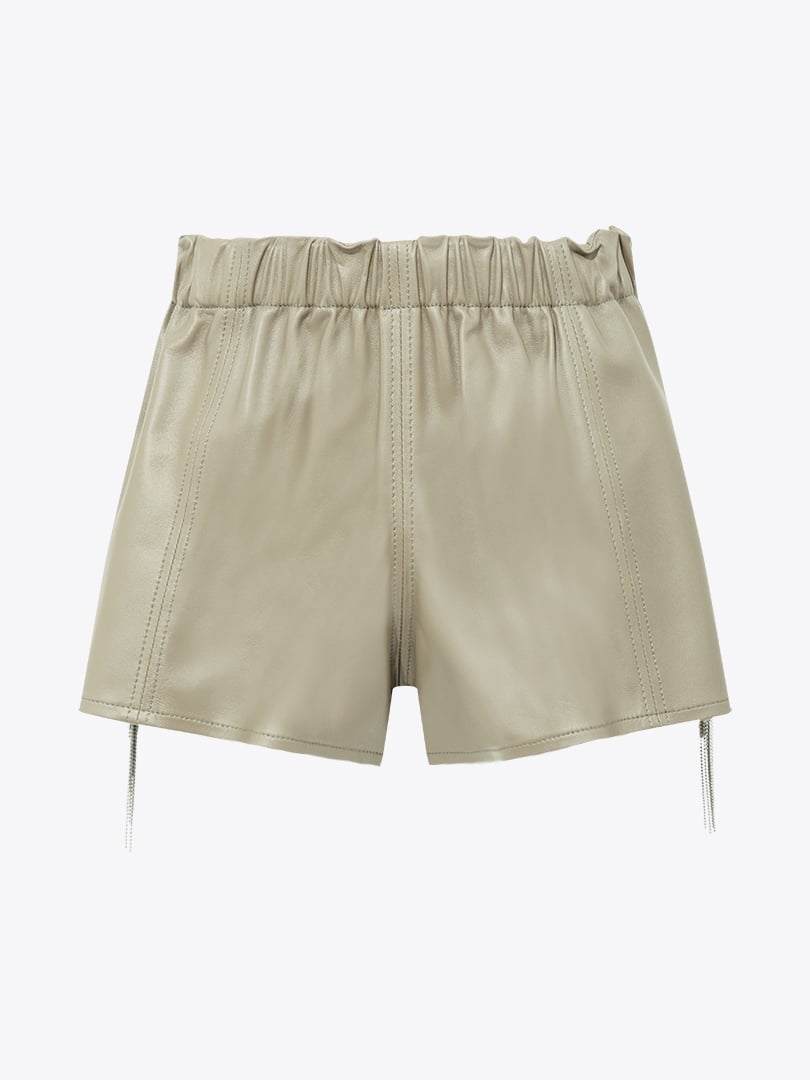 Aksesuar Detaylı Beli Lastikli Mini Deri Şort - Bej