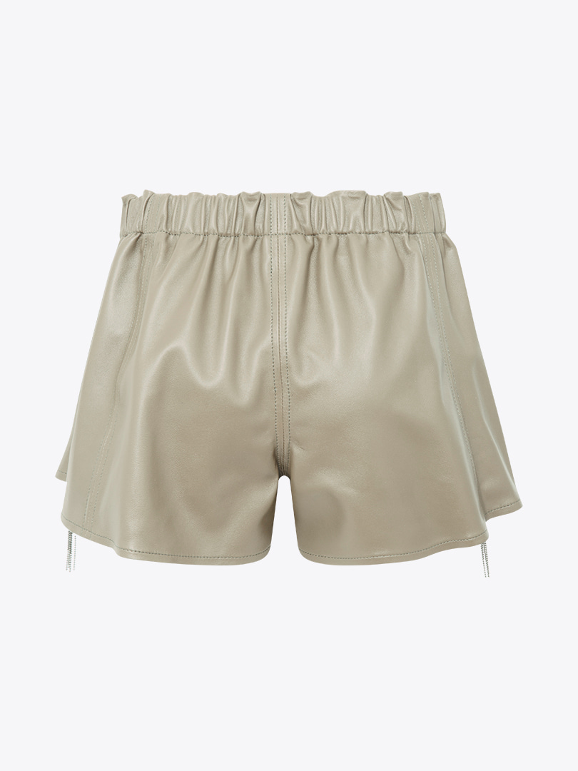 Aksesuar Detaylı Beli Lastikli Mini Deri Şort - Bej
