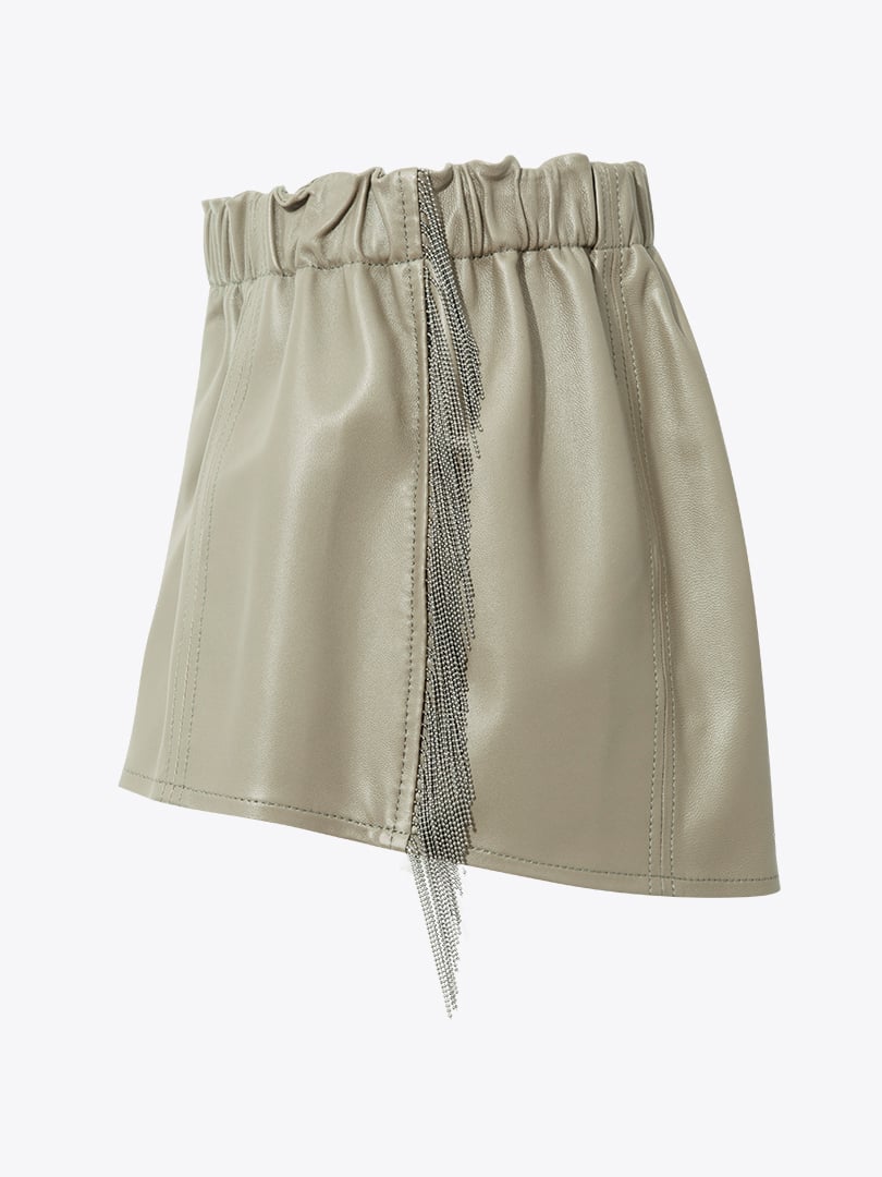 Aksesuar Detaylı Beli Lastikli Mini Deri Şort - Bej