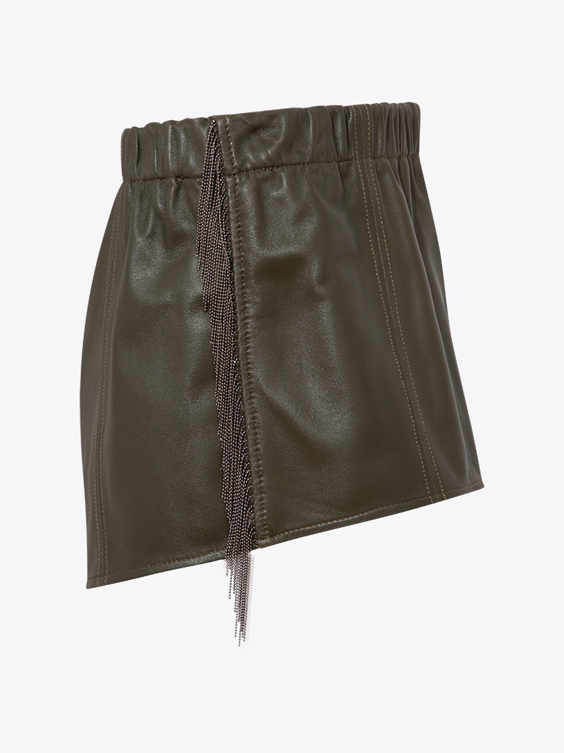 Aksesuar Detaylı Beli Lastikli Mini Deri Şort - Yeşil