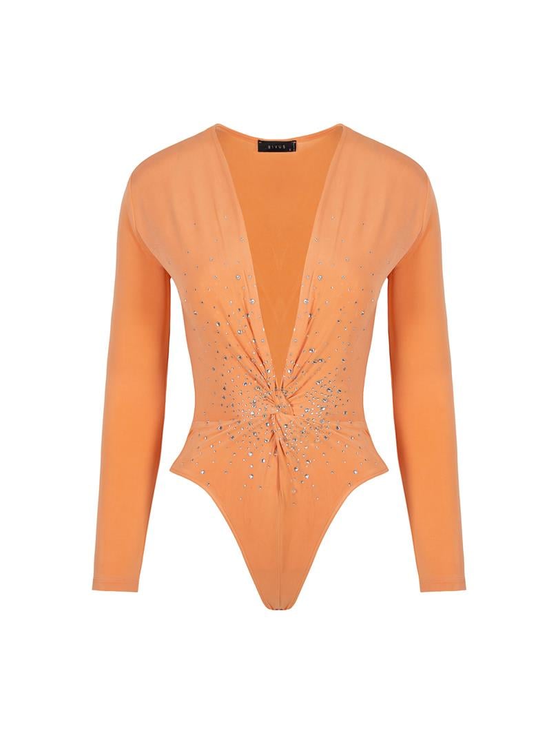 Alttan Çıtçıtlı Uzun Kollu Kristal Taşlı İkonik Body - Oranj