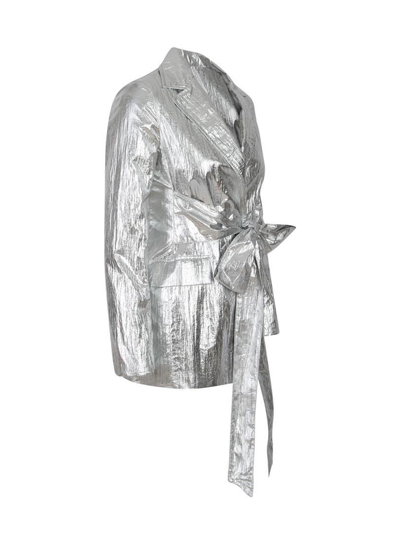 ARGEMON Glitter Paraşüt Kumaş Bağlamalı Vatkalı Blazer Ceket - Silver