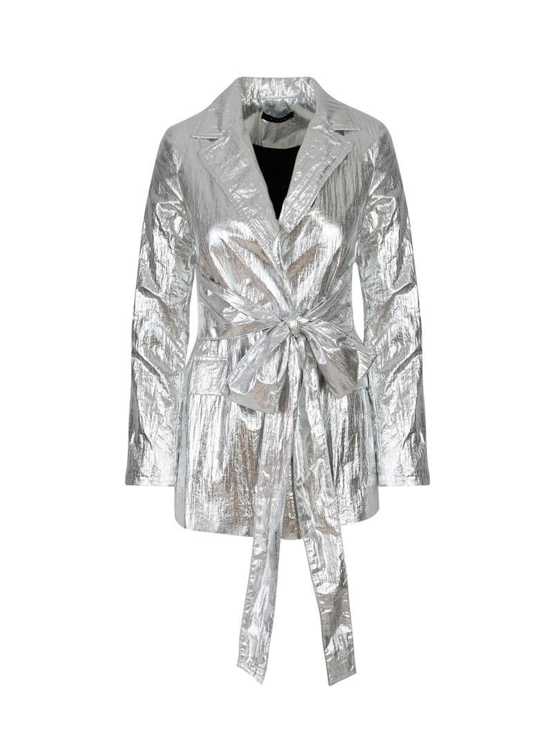 ARGEMON Glitter Paraşüt Kumaş Bağlamalı Vatkalı Blazer Ceket - Silver