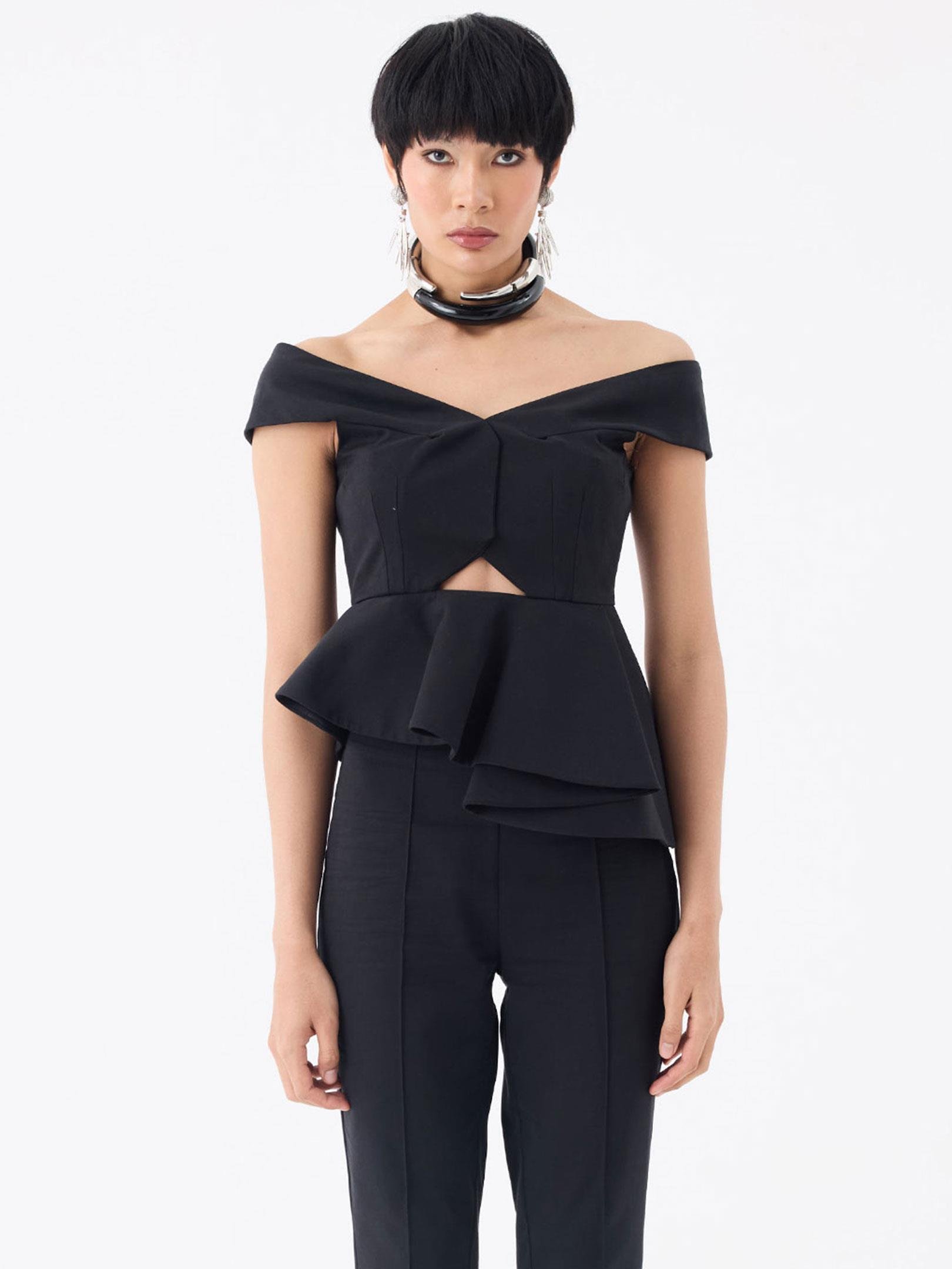 Asimetrik Volan Detaylı Omuzsuz Bustiyer Bluz - Siyah Bluz Modelleri