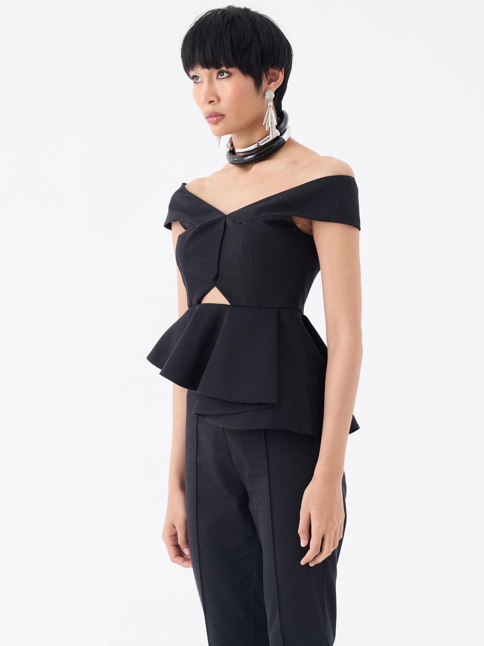 Asimetrik Volan Detaylı Omuzsuz Bustiyer Bluz - Siyah Bluz Modelleri