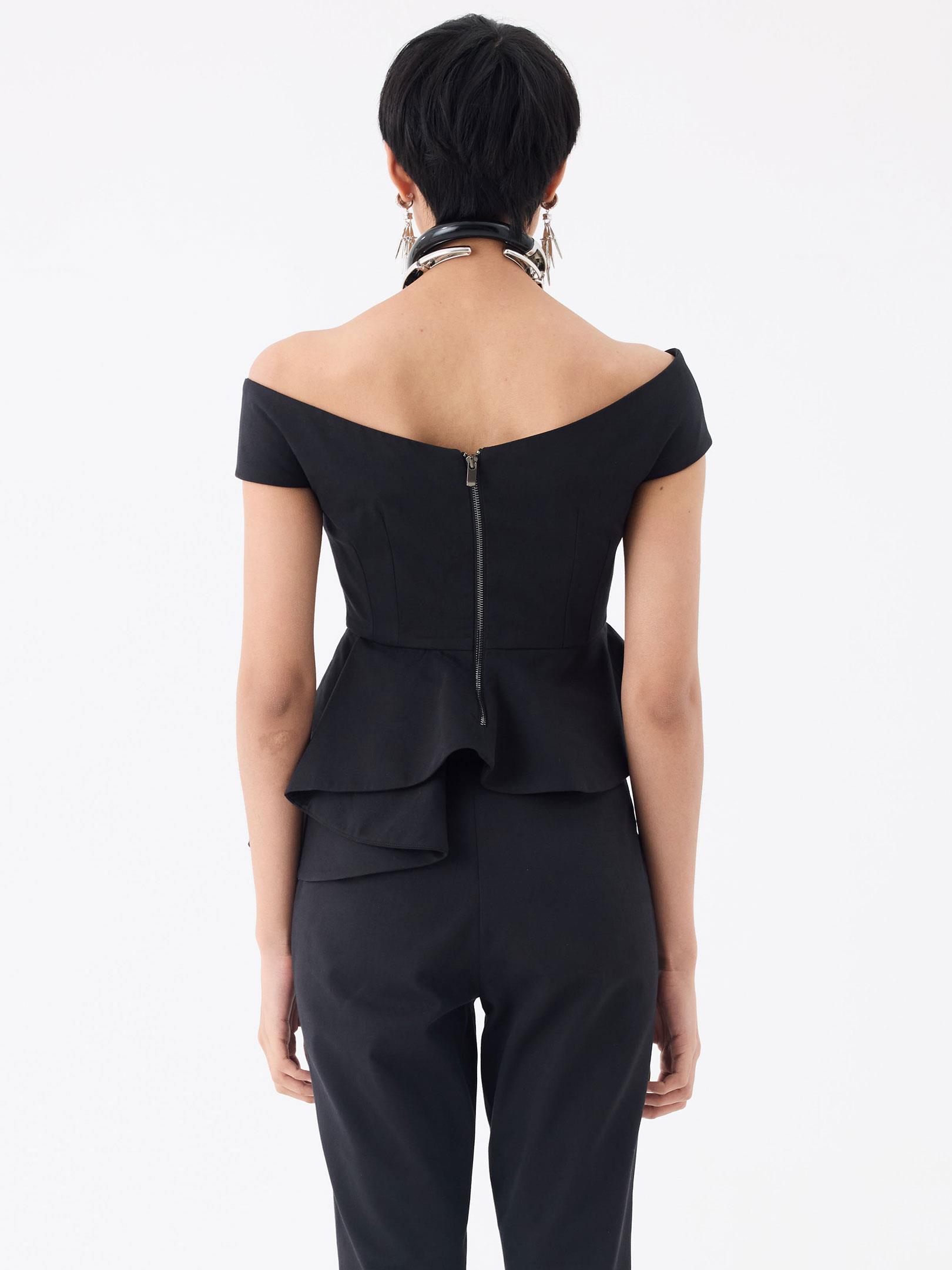 Asimetrik Volan Detaylı Omuzsuz Bustiyer Bluz - Siyah Bluz Modelleri