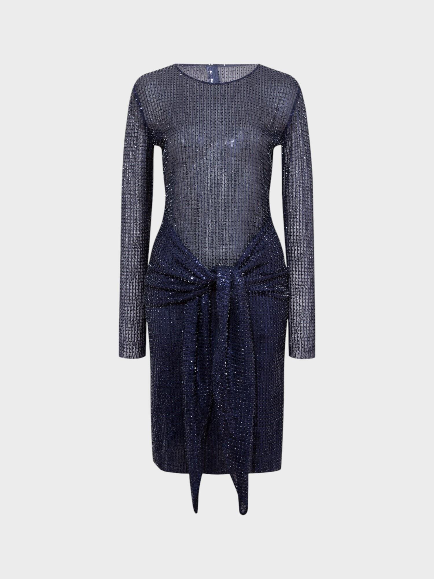 Belden Bağlama Detaylı Transparan Kısa Elbise - Lacivert Elbise Modelleri