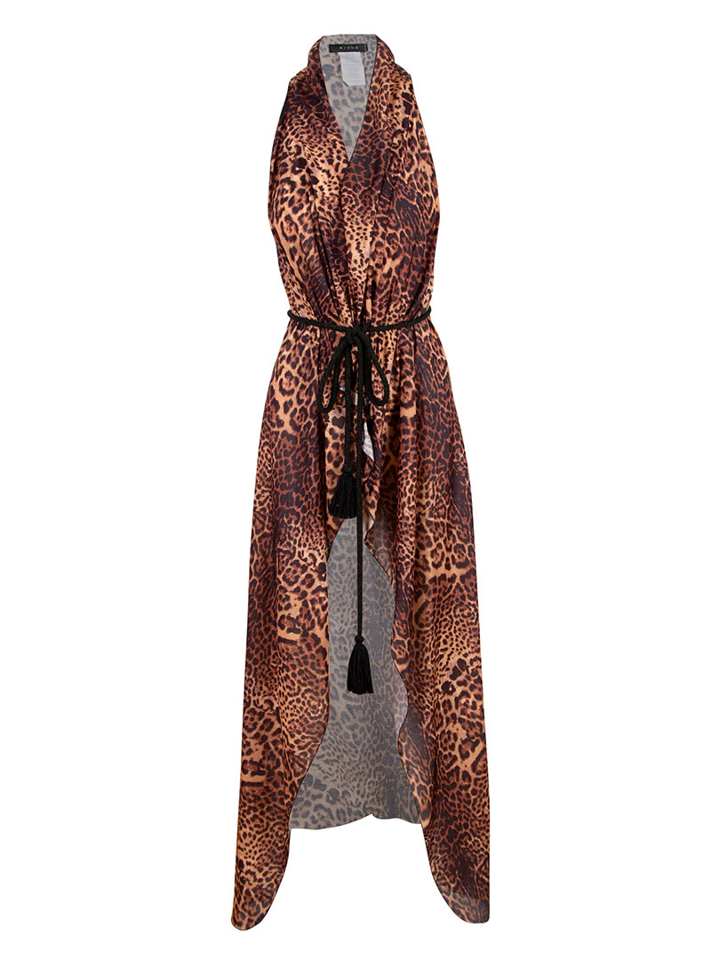 Beli Bağlamalı Kimono Yelek - Leopar Desenli