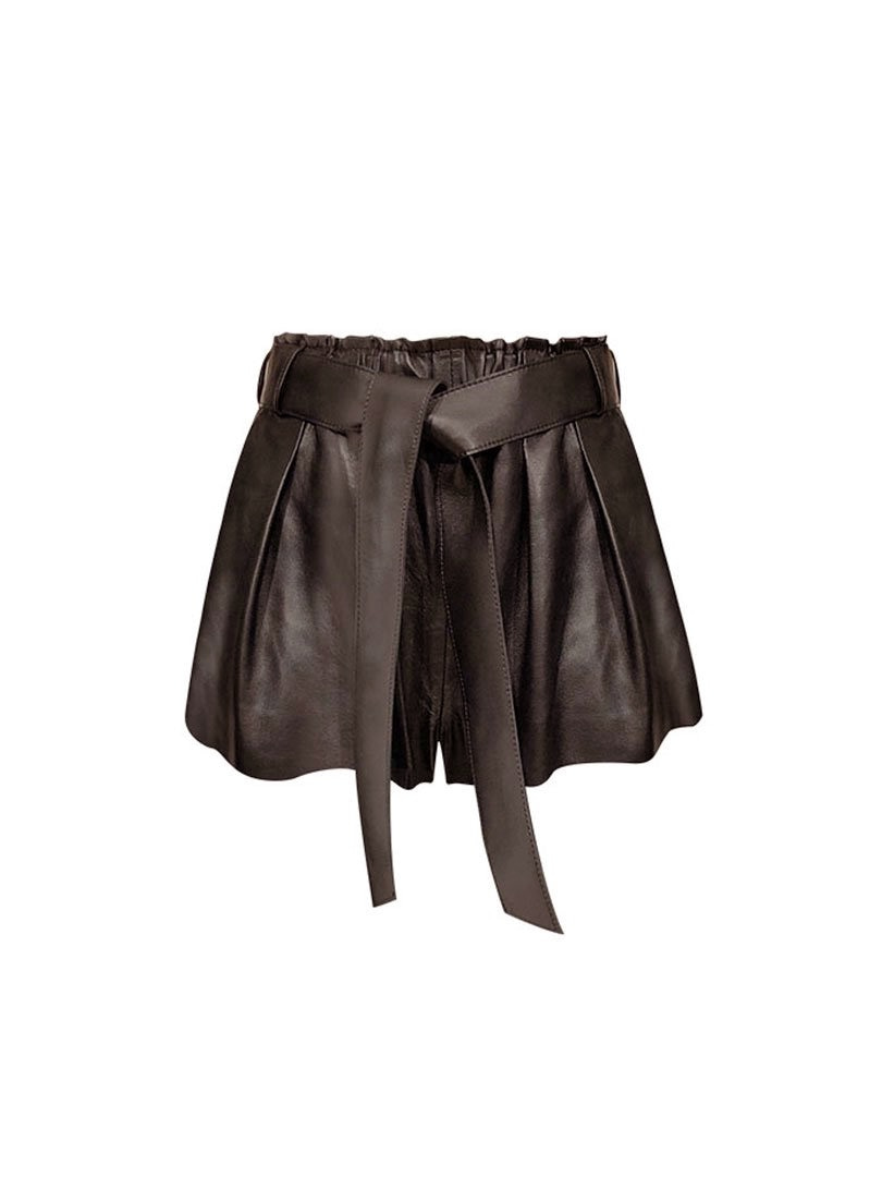 Beli Kuşaklı Deri Şort - Acı Kahve