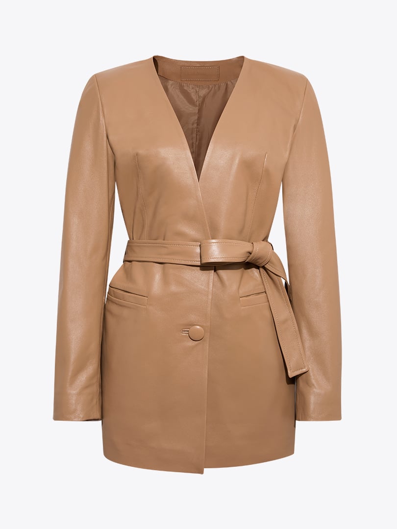 Beli Kuşaklı Düğmeli Ceket - Bal Köpüğü