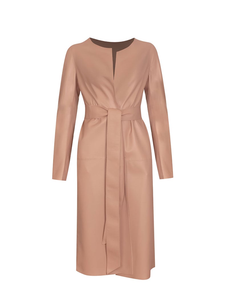 Beli Kuşaklı Uzun Deri Hırka - Pembe