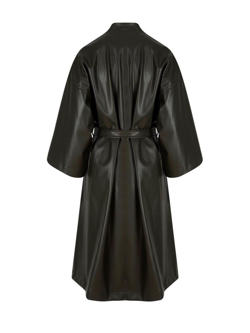 Beli Kuşaklı Uzun Vegan Deri Kimono - Haki
