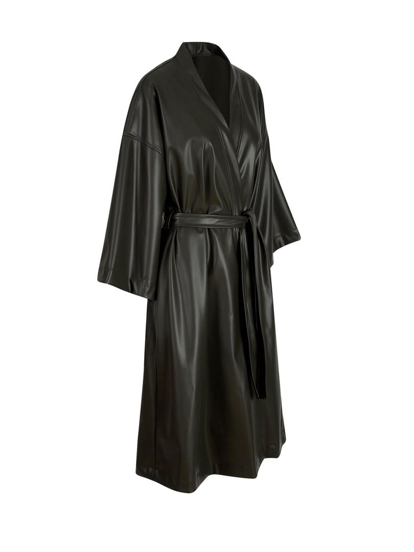Beli Kuşaklı Uzun Vegan Deri Kimono - Haki