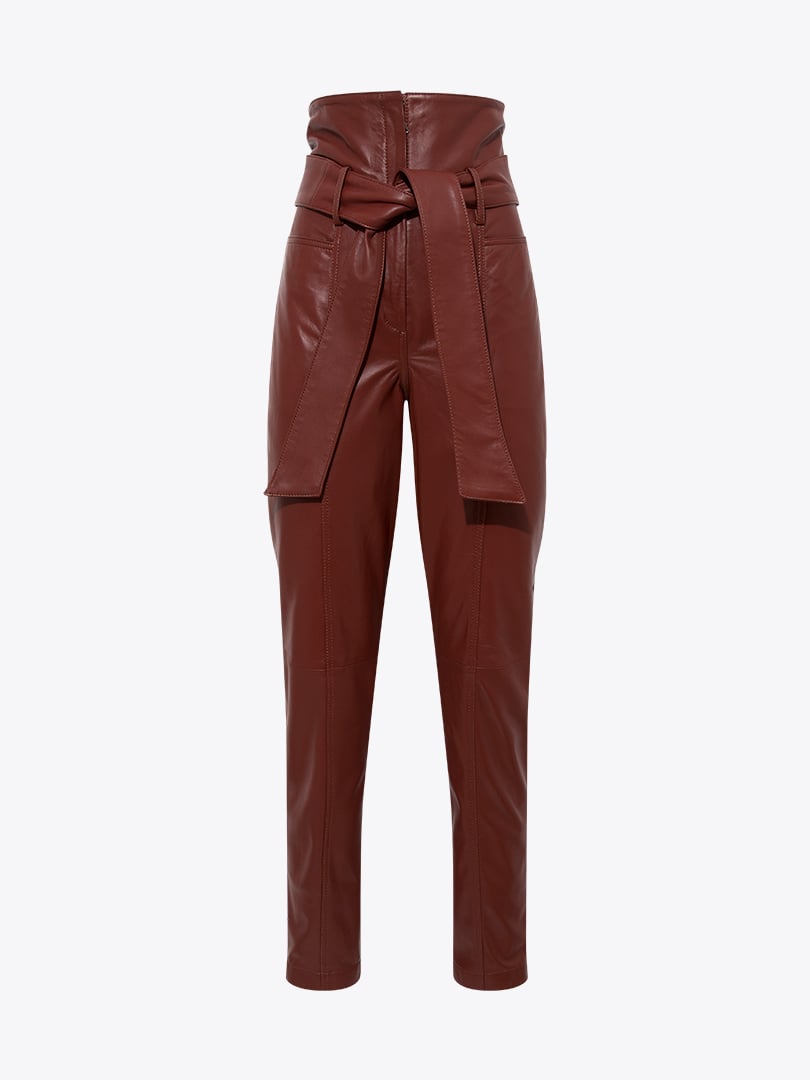 Beli Kuşaklı Yüksek Bel Deri Pantolon - Bordo