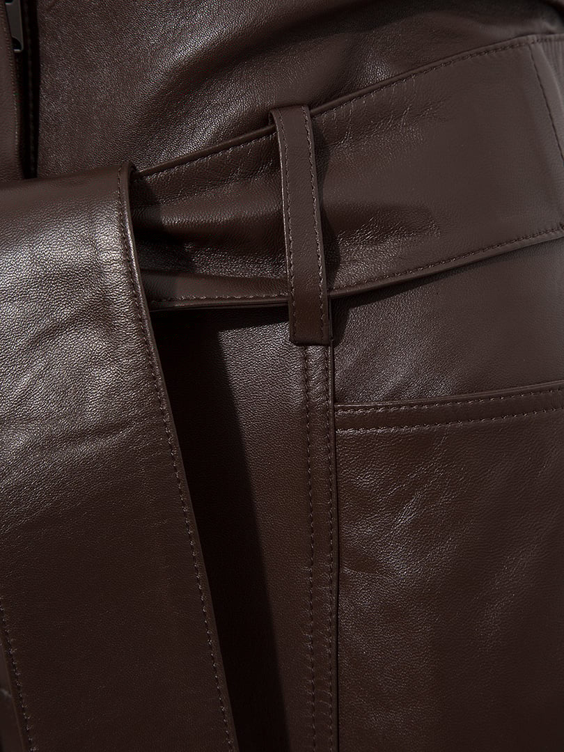 Beli Kuşaklı Yüksek Bel Deri Pantolon - Kahve